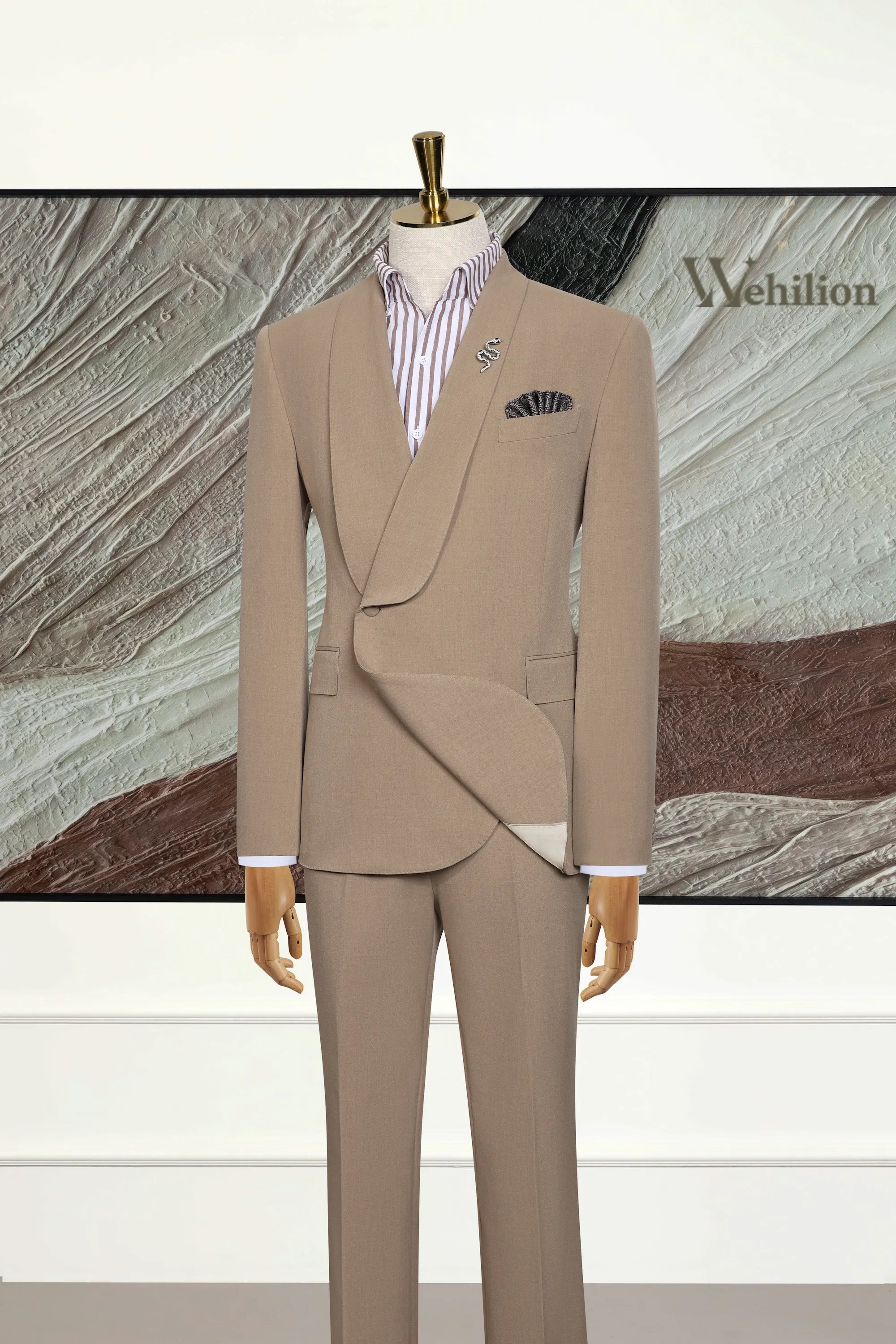 Men's Shawl Collar Khaki 2 Piece Suit