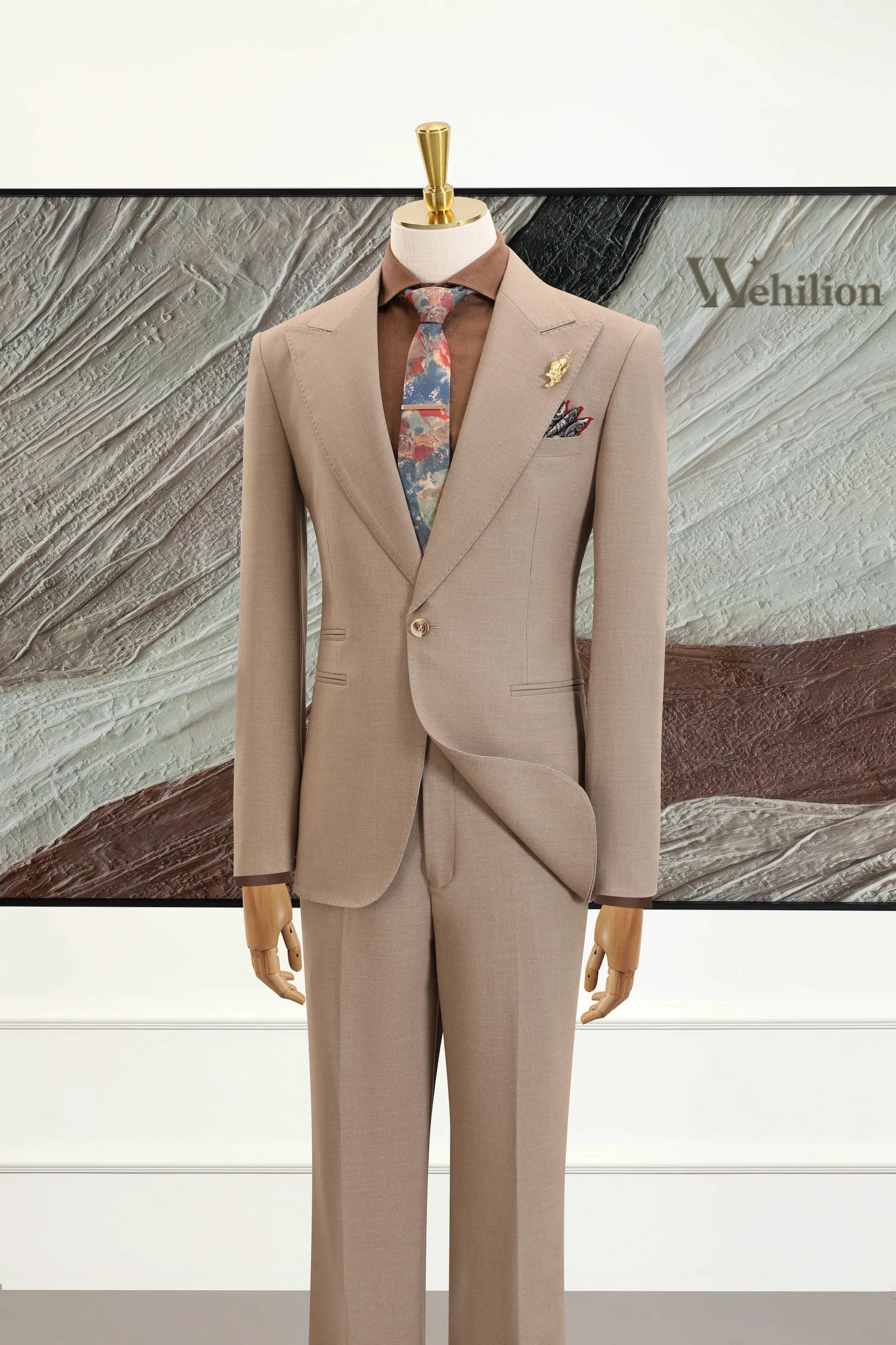 Men's Khaki Peak Lapel Woolen 2 Piece Suits