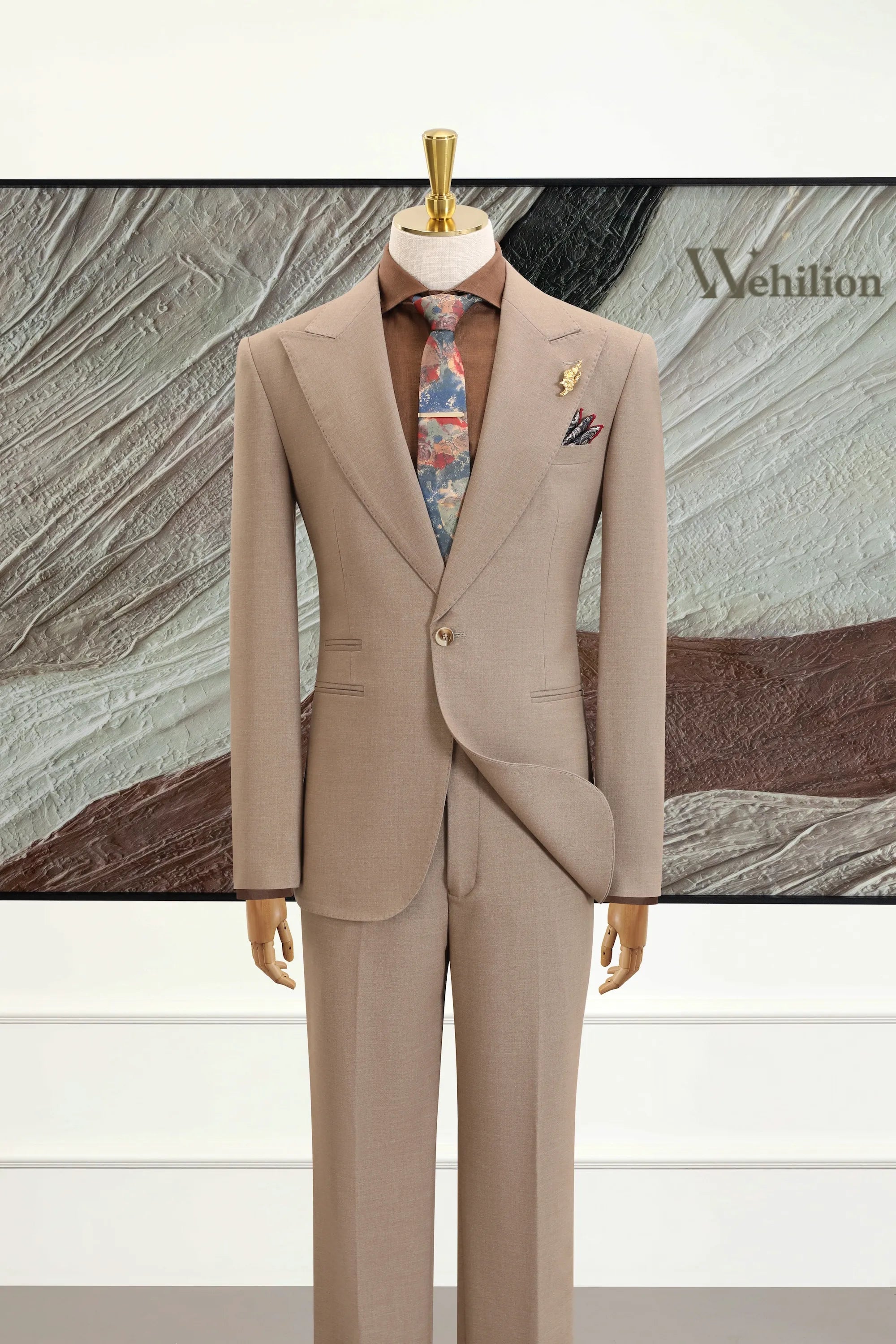 Men's Khaki Peak Lapel Woolen 2 Piece Suits