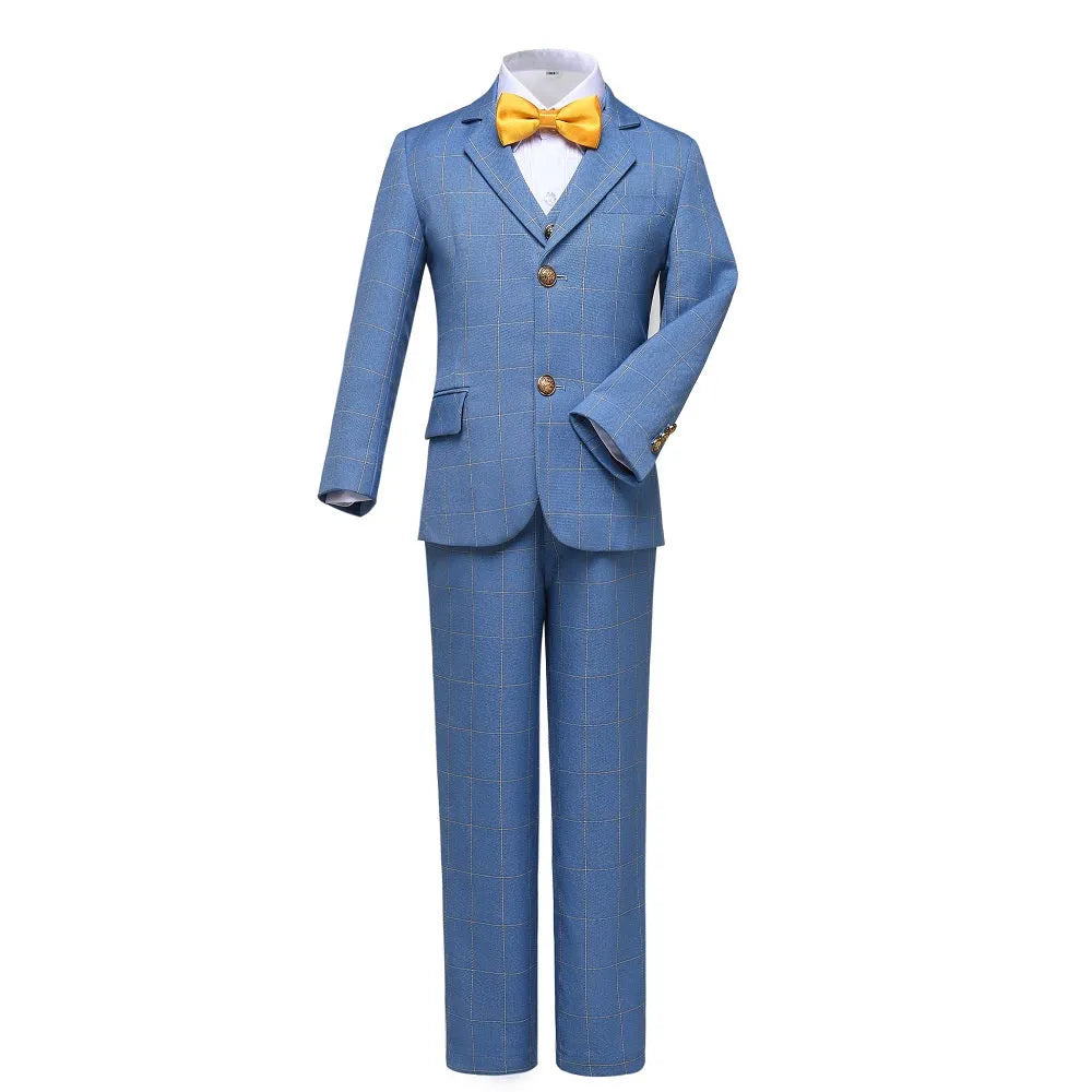 Light blue plaid boys 5-piece suit: Formal checked set with yellow bow tie
