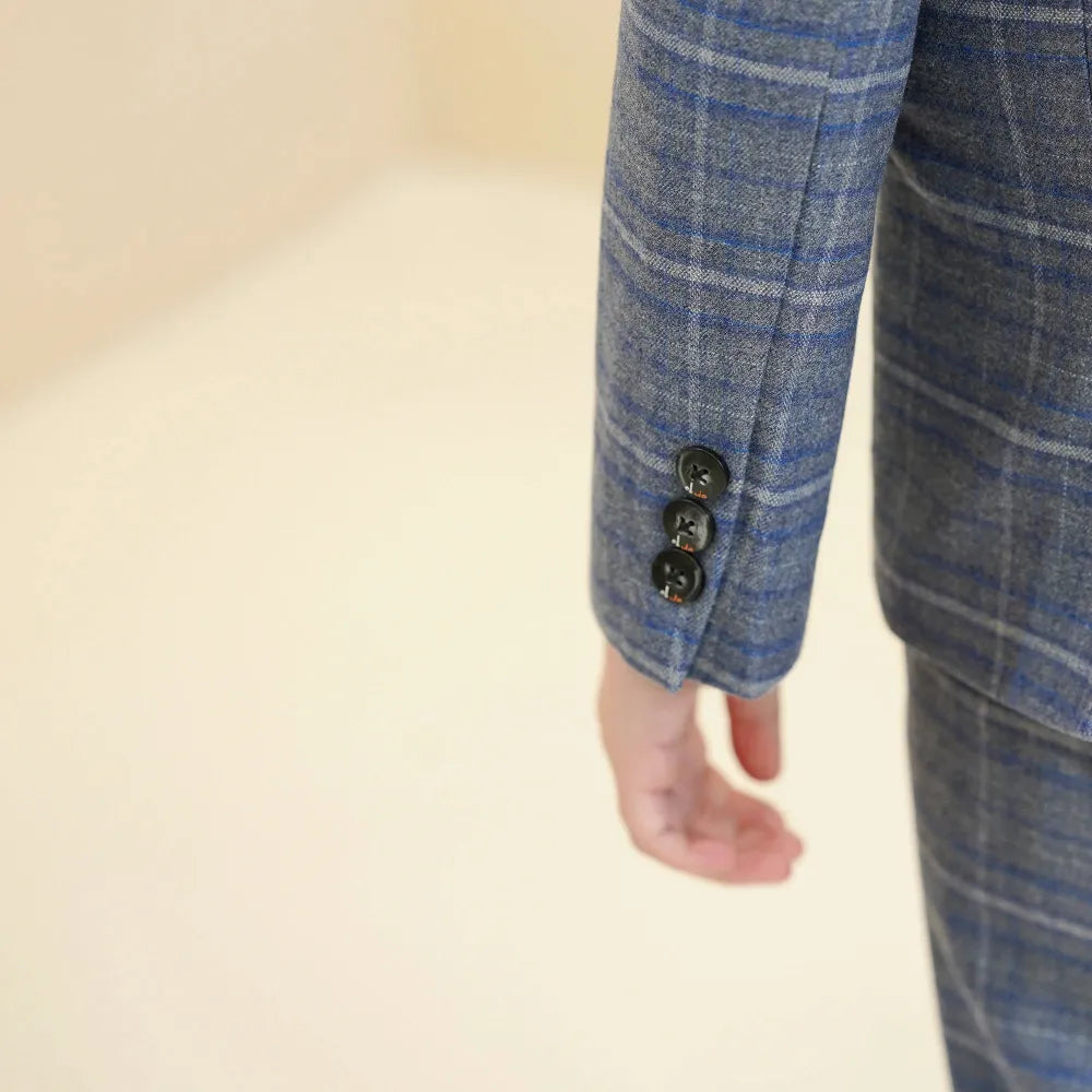 Little boys plaid suit: Blue & white checked cuff with three black buttons