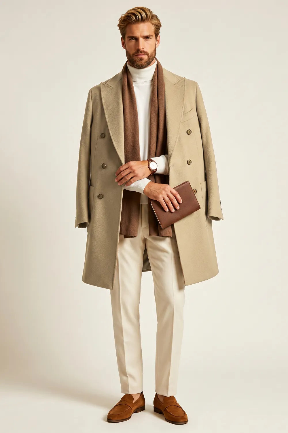 Men's Classic Beige Double-Breasted Overcoat