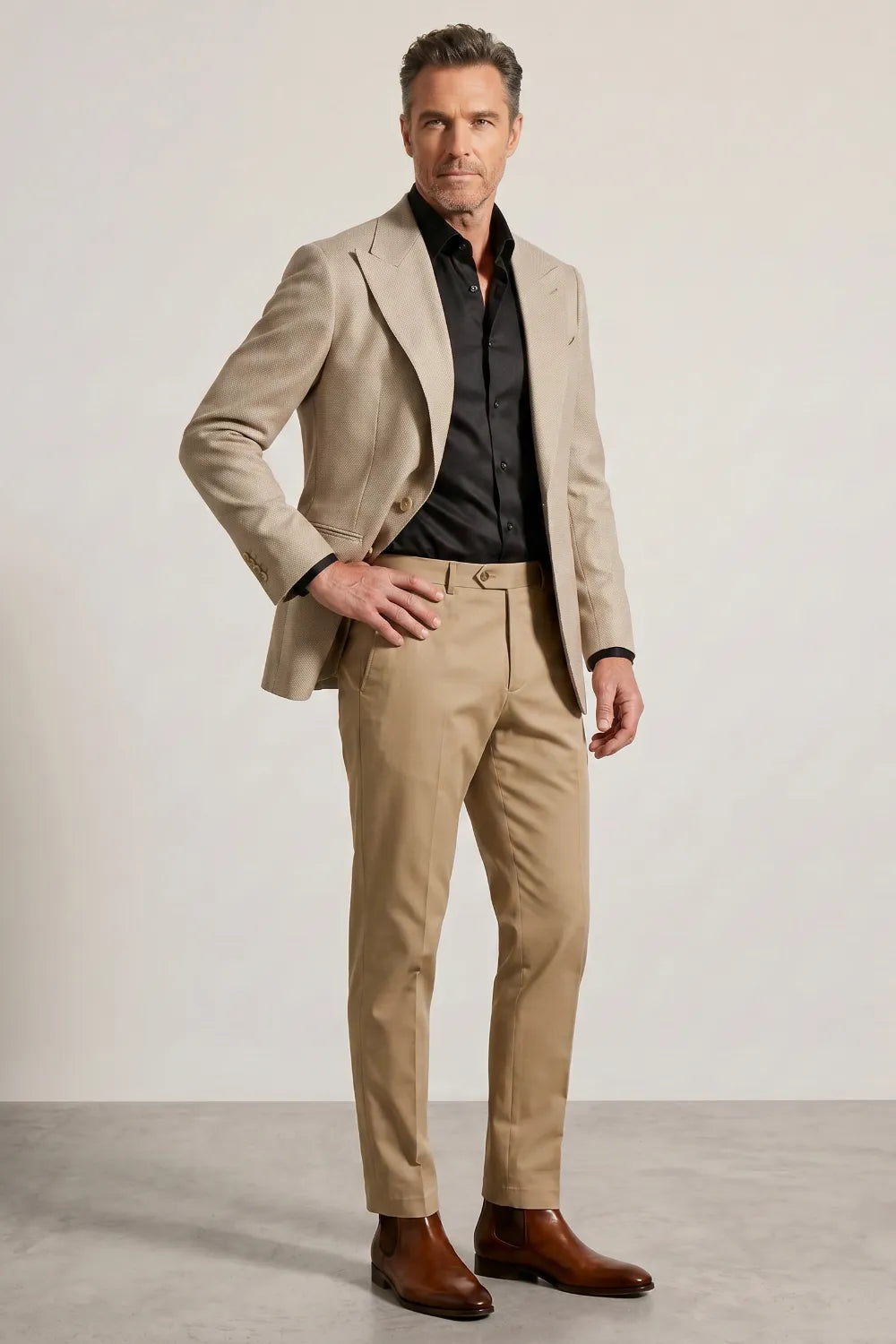 Men's Beige Textured Peak Lapel 2-Piece Suit