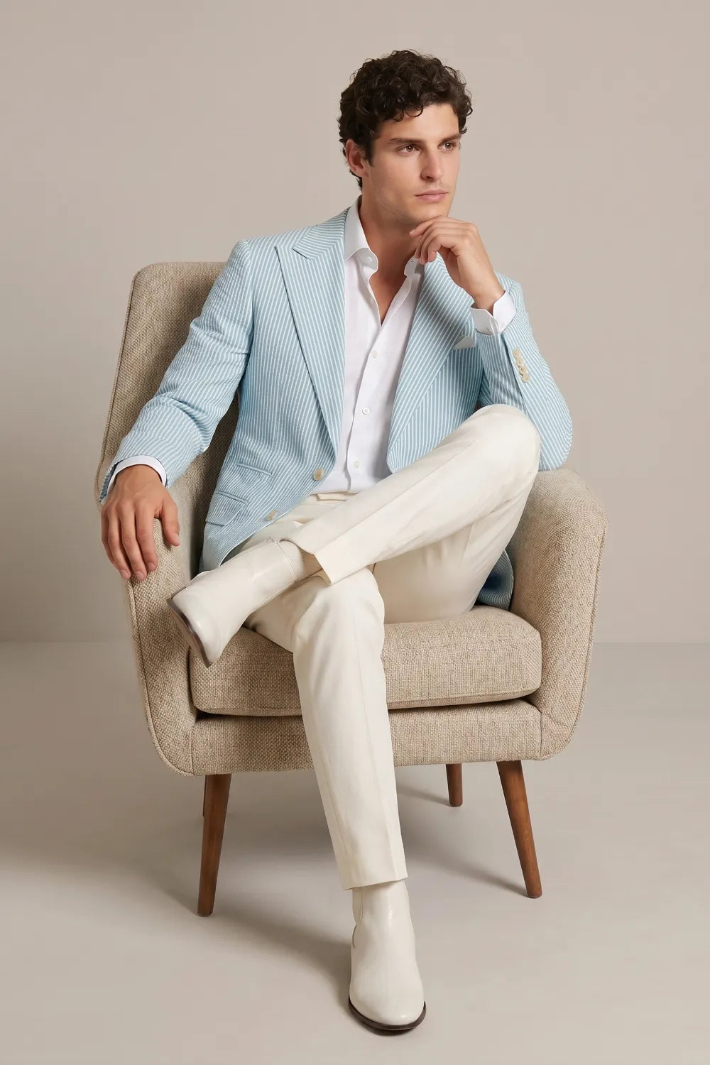 Men's Light Blue Striped Peak Lapel Seersucker Blazer