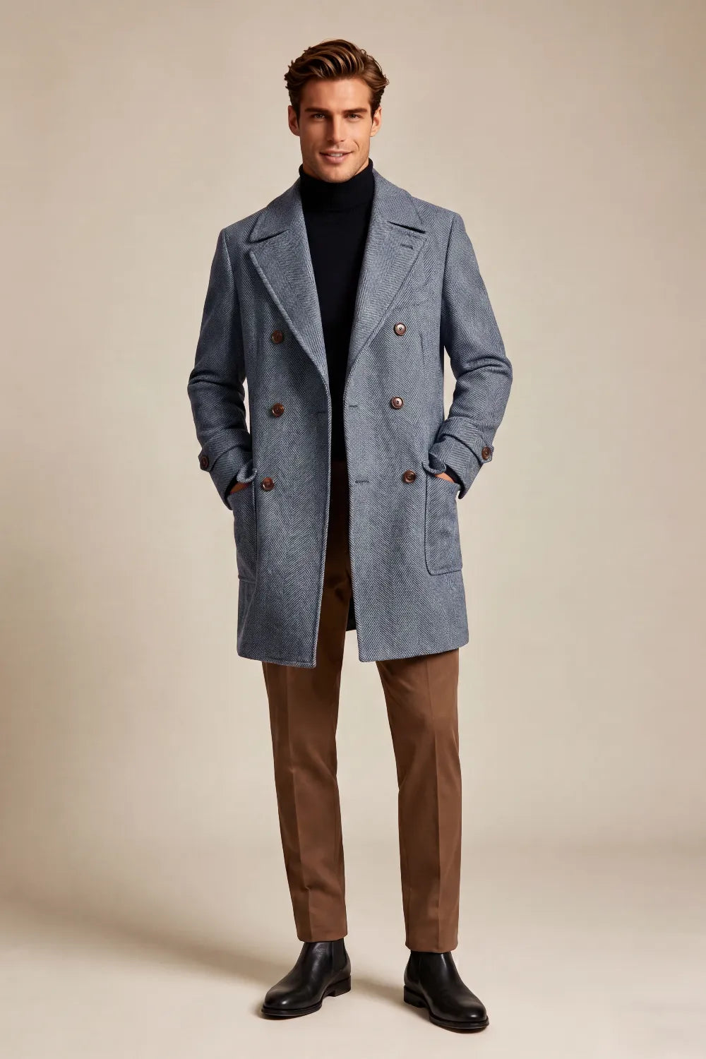Men's Slate Blue Herringbone Double Breasted Overcoat