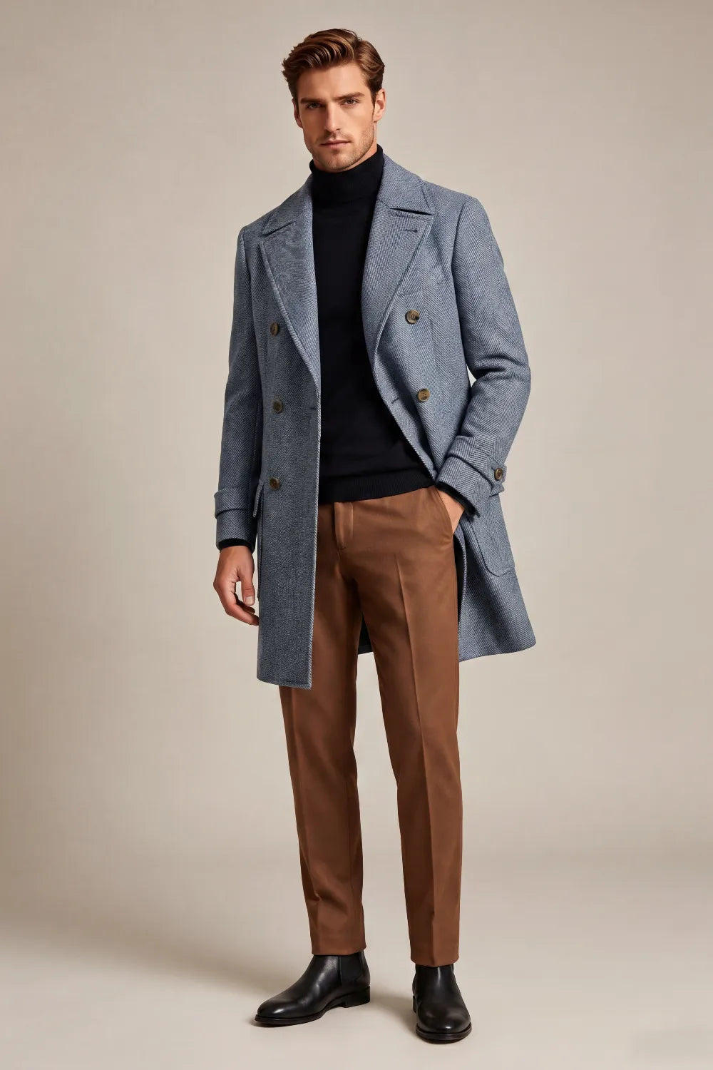 Men's Slate Blue Herringbone Double Breasted Overcoat