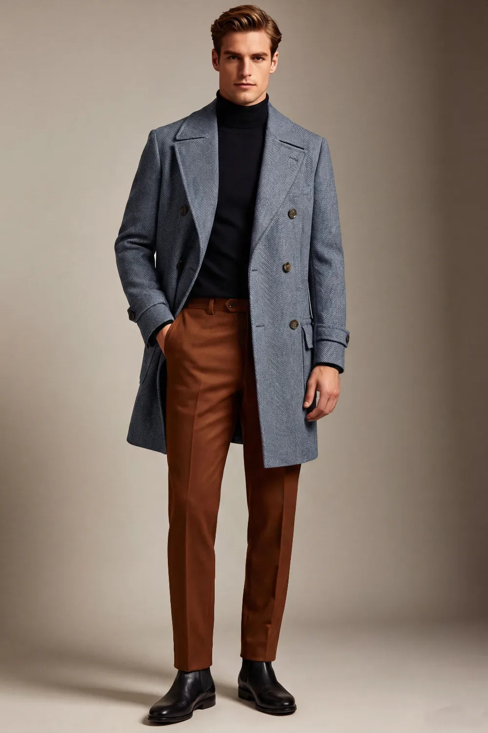 Men's Slate Blue Herringbone Double Breasted Overcoat