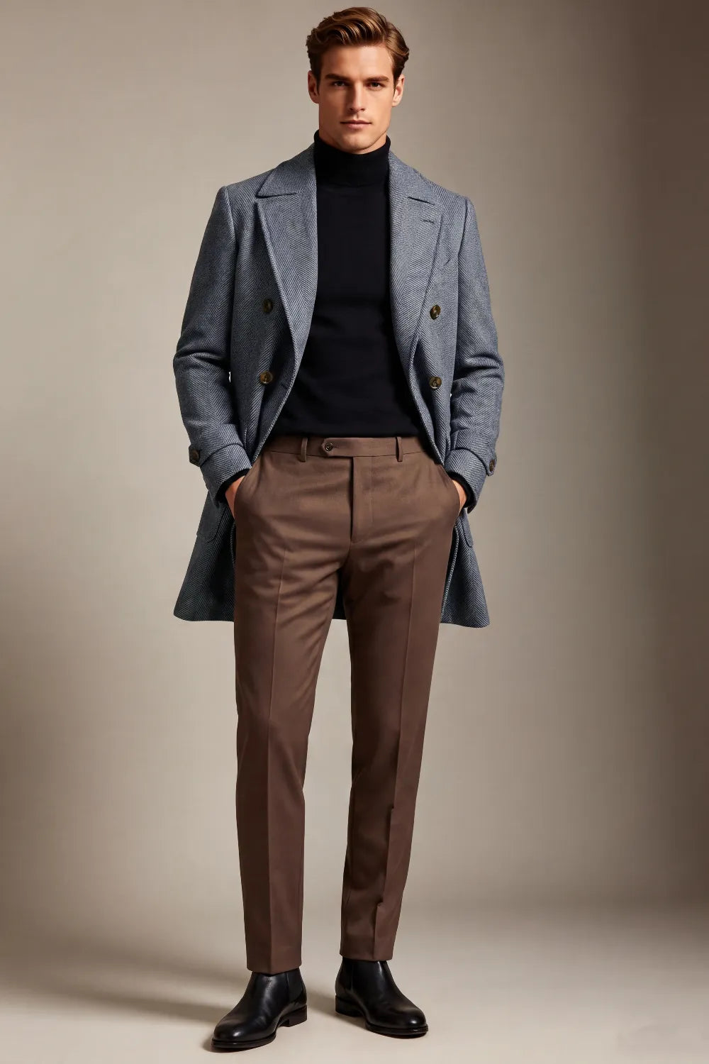 Men's Slate Blue Herringbone Double Breasted Overcoat