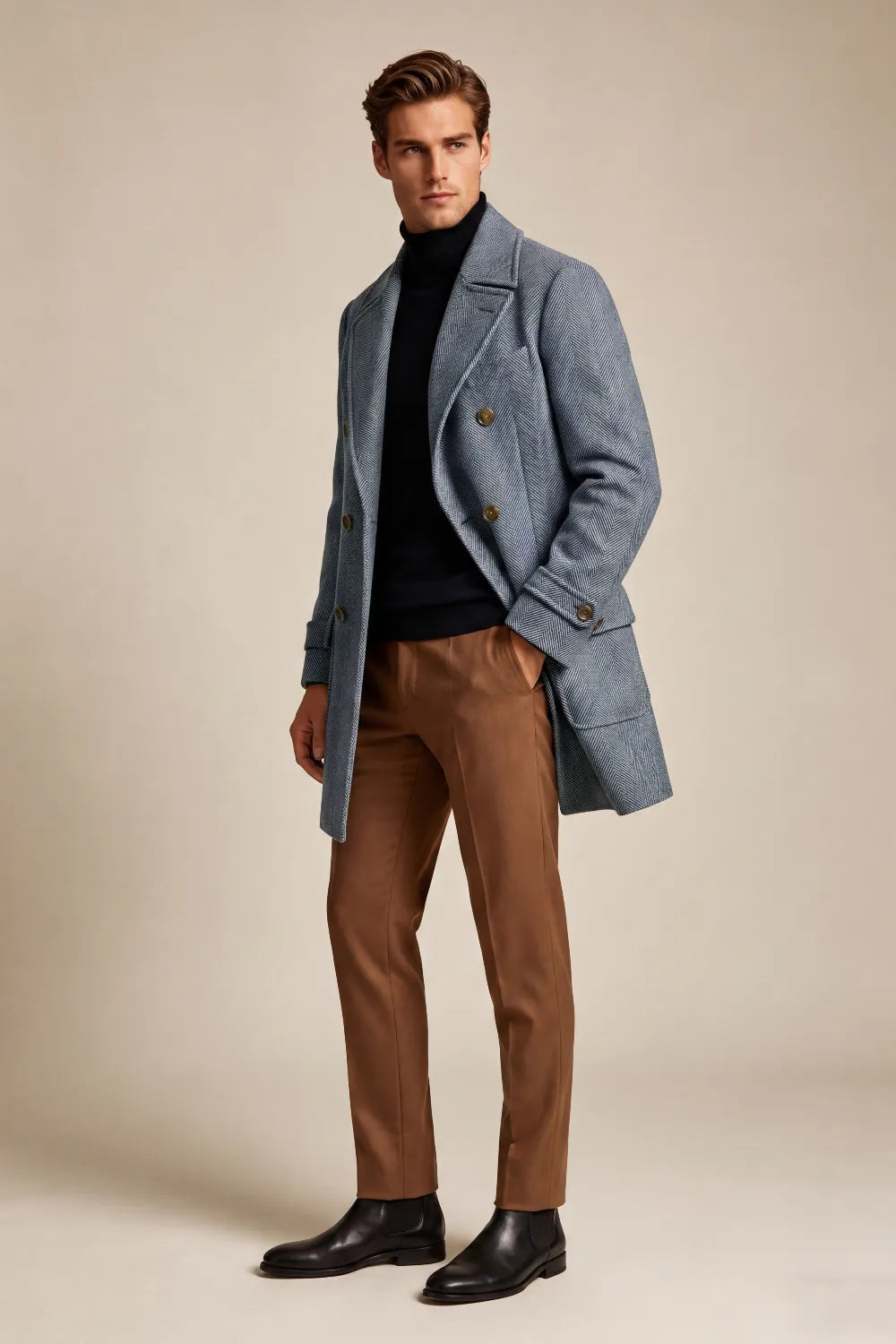 Men's Slate Blue Herringbone Double Breasted Overcoat