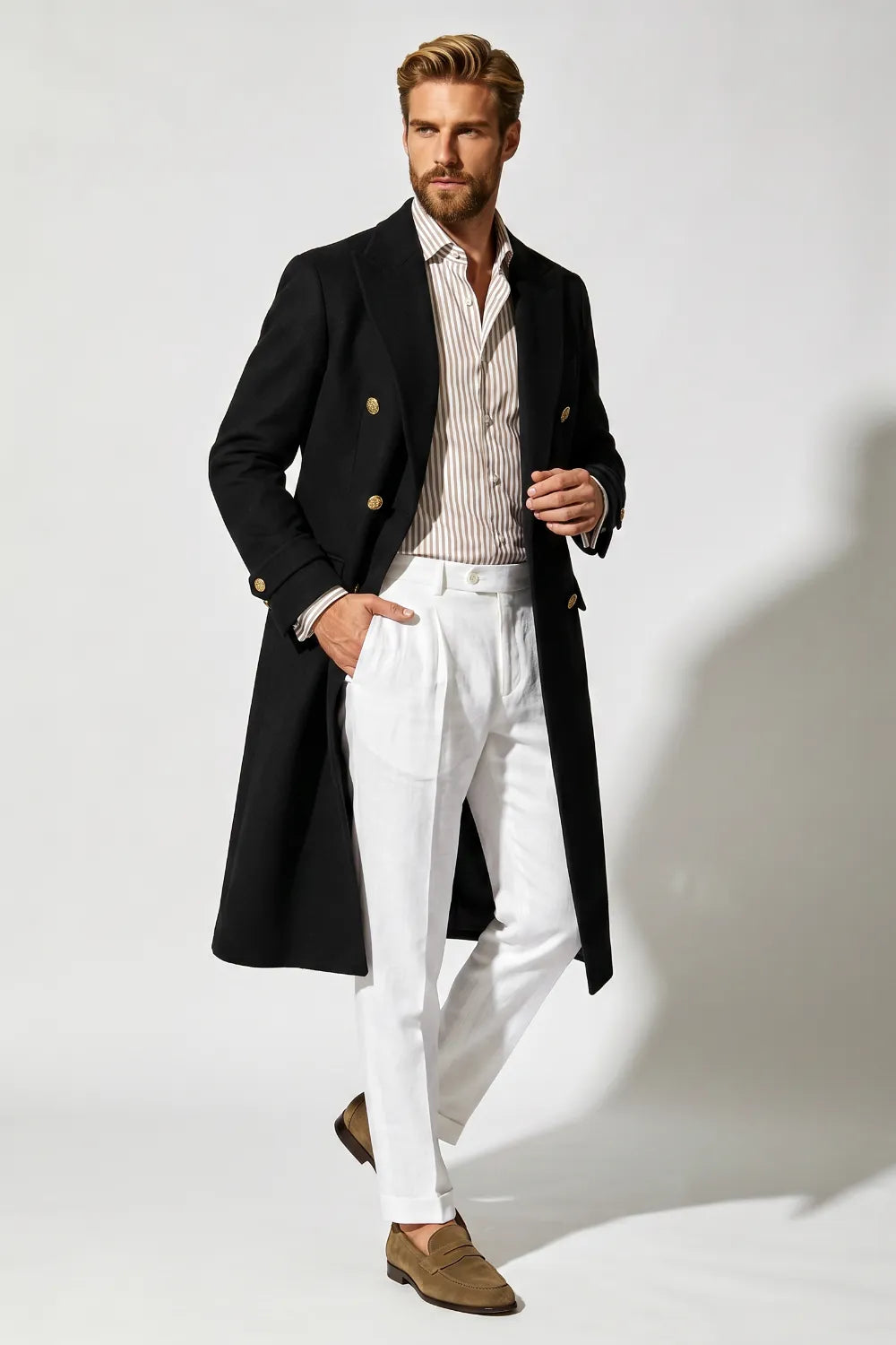 Men's Tailored Black Peak Lapel Long Coat