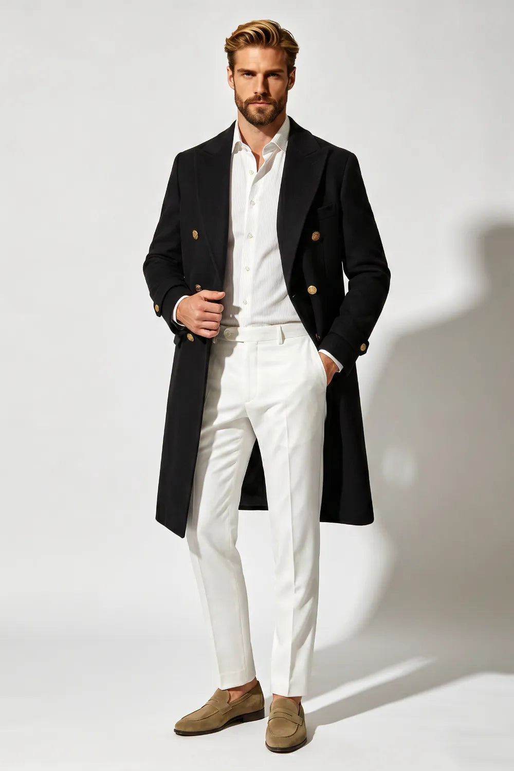 Men's Tailored Black Peak Lapel Long Coat