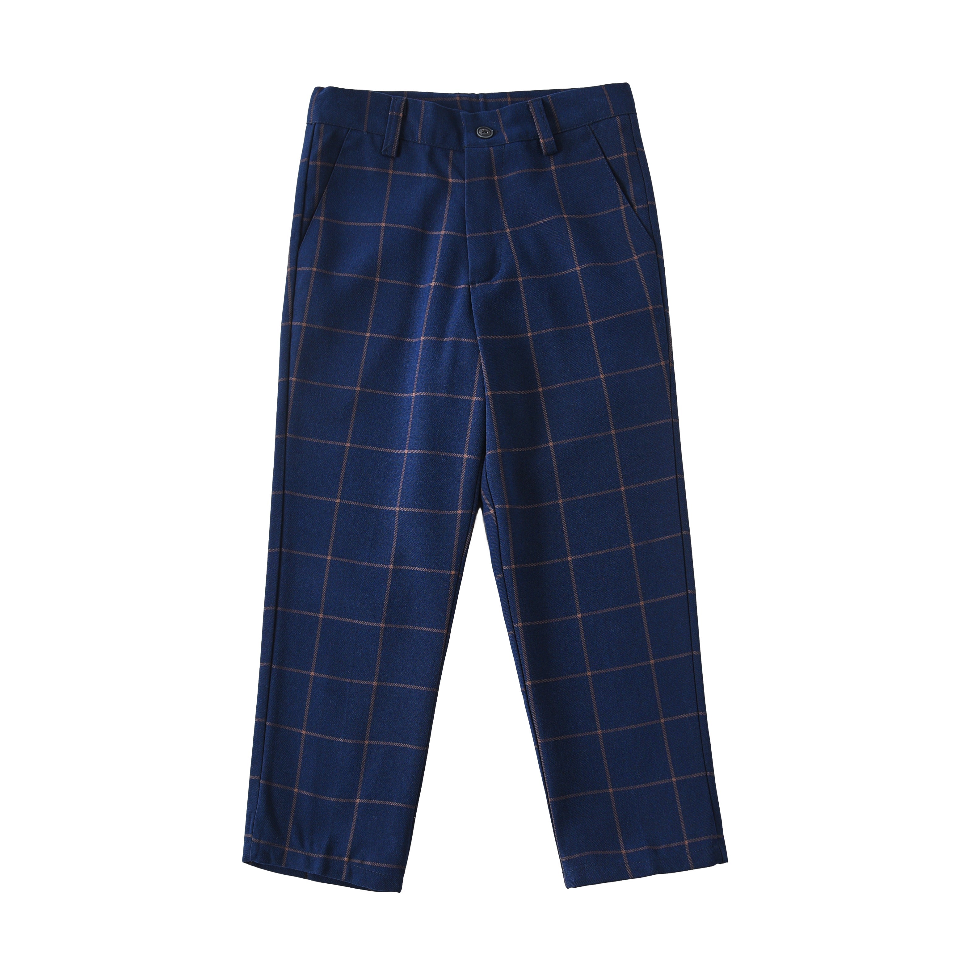 Blue plaid formal boys dress pants: High quality checked trousers with front button