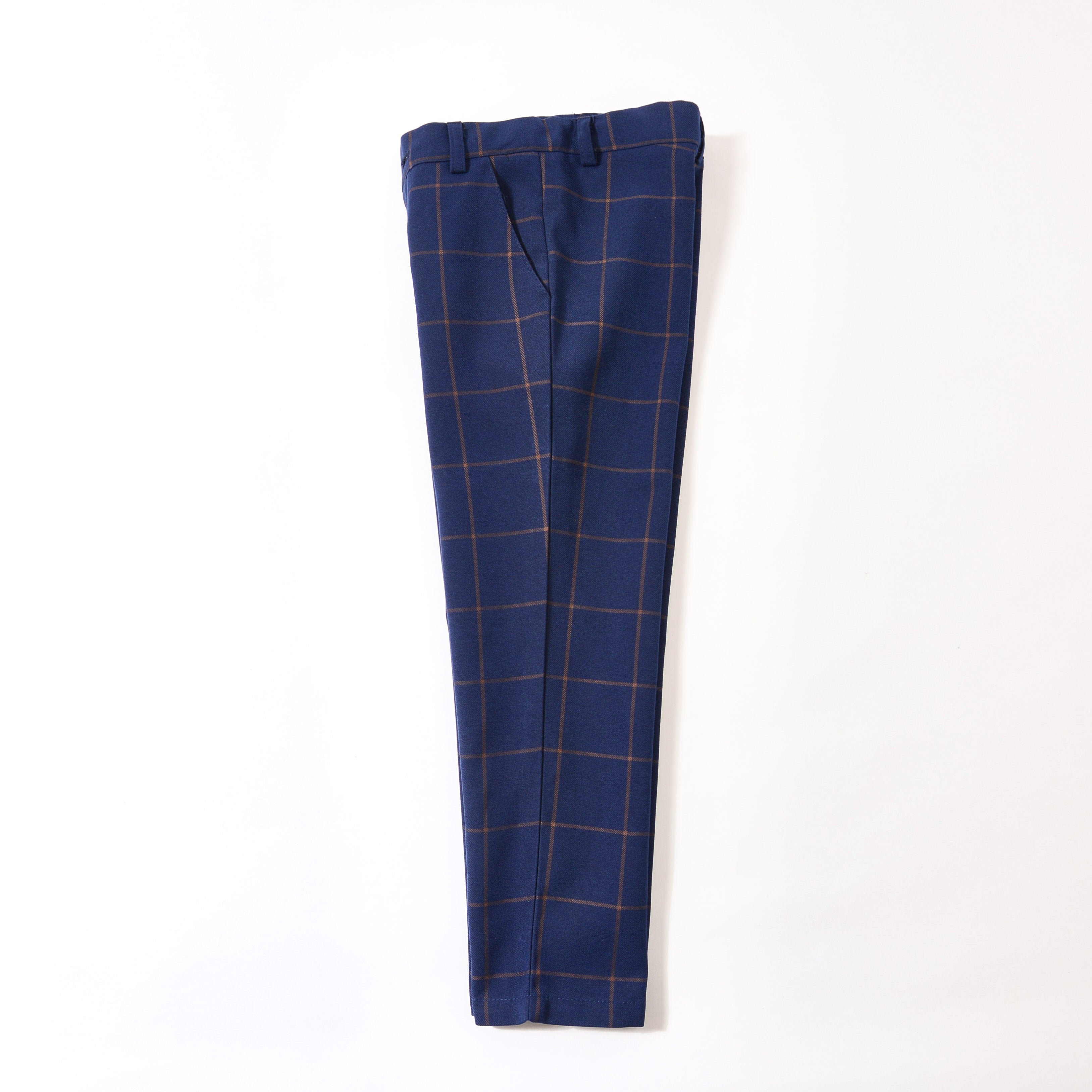 Blue plaid formal boys dress pants with high quality checked fabric & slim fit