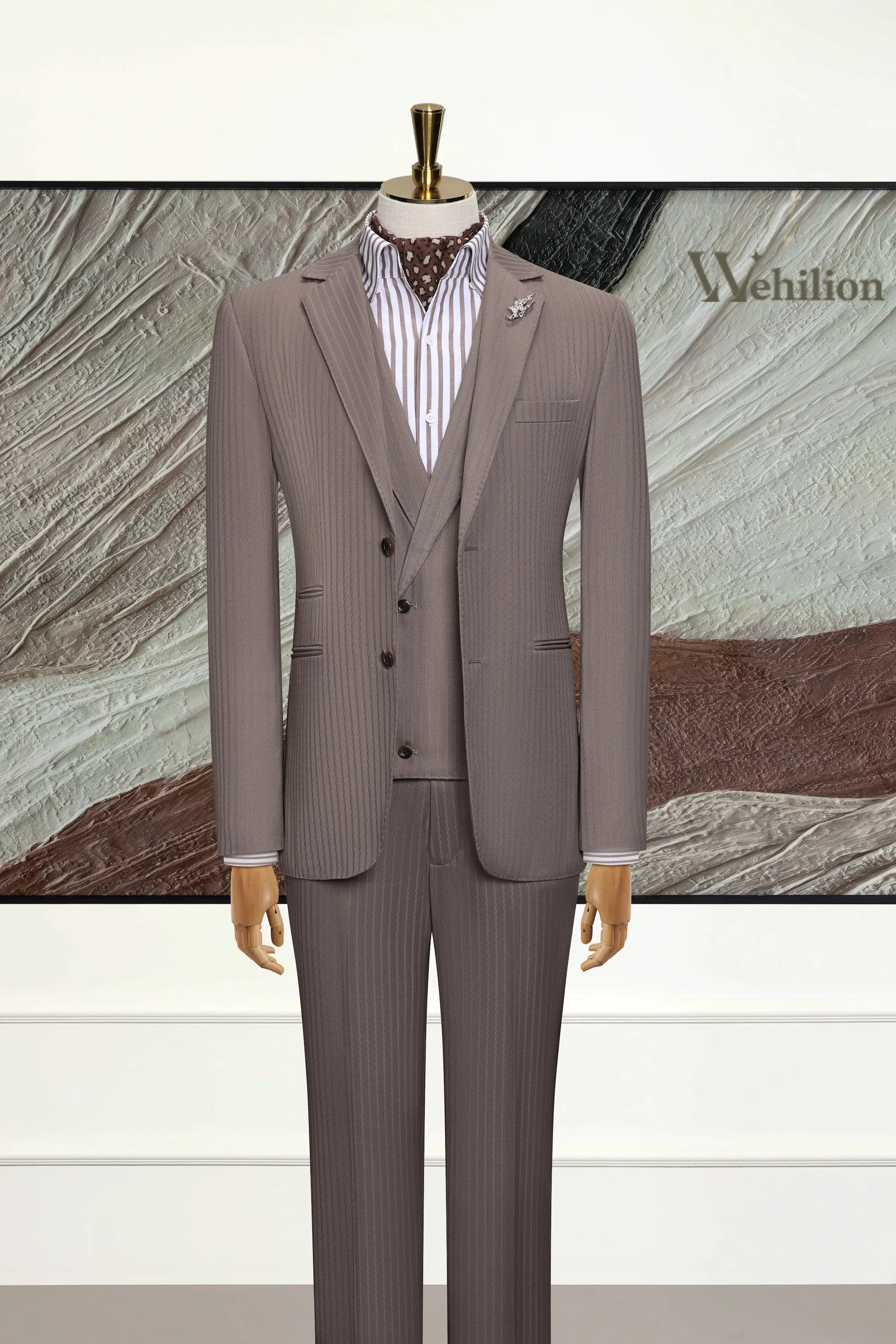 Men's Light Brown Stripe Wool Blend 3 Piece Suits