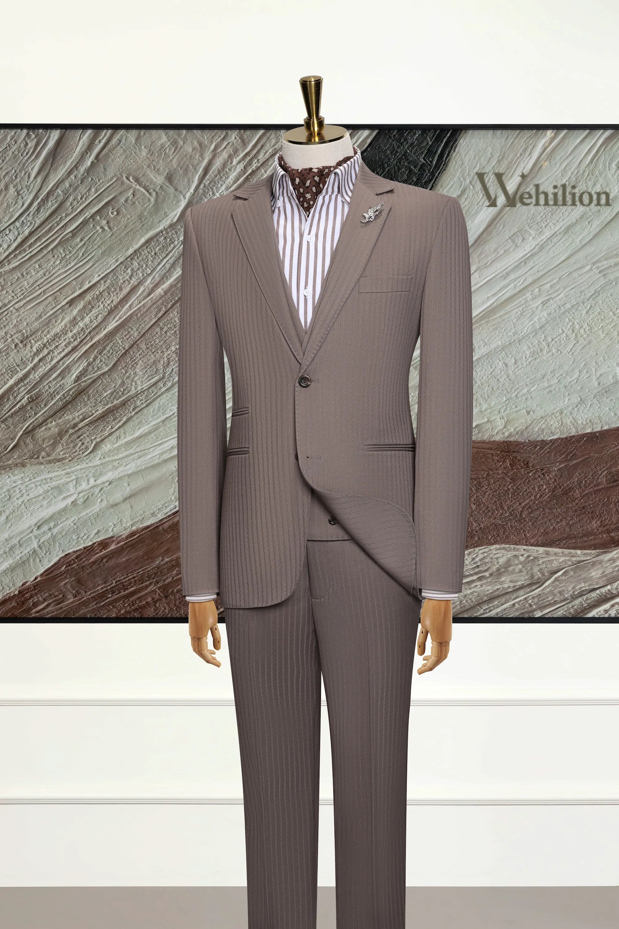 Men's Light Brown Stripe Wool Blend 3 Piece Suits