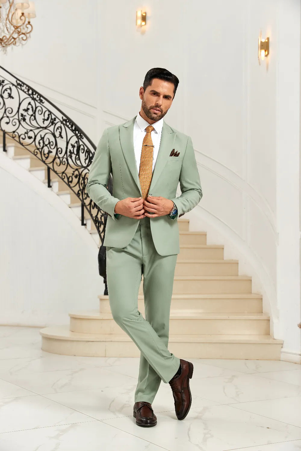 Men's Light Green Peak Lapel 2 Pieces Suits