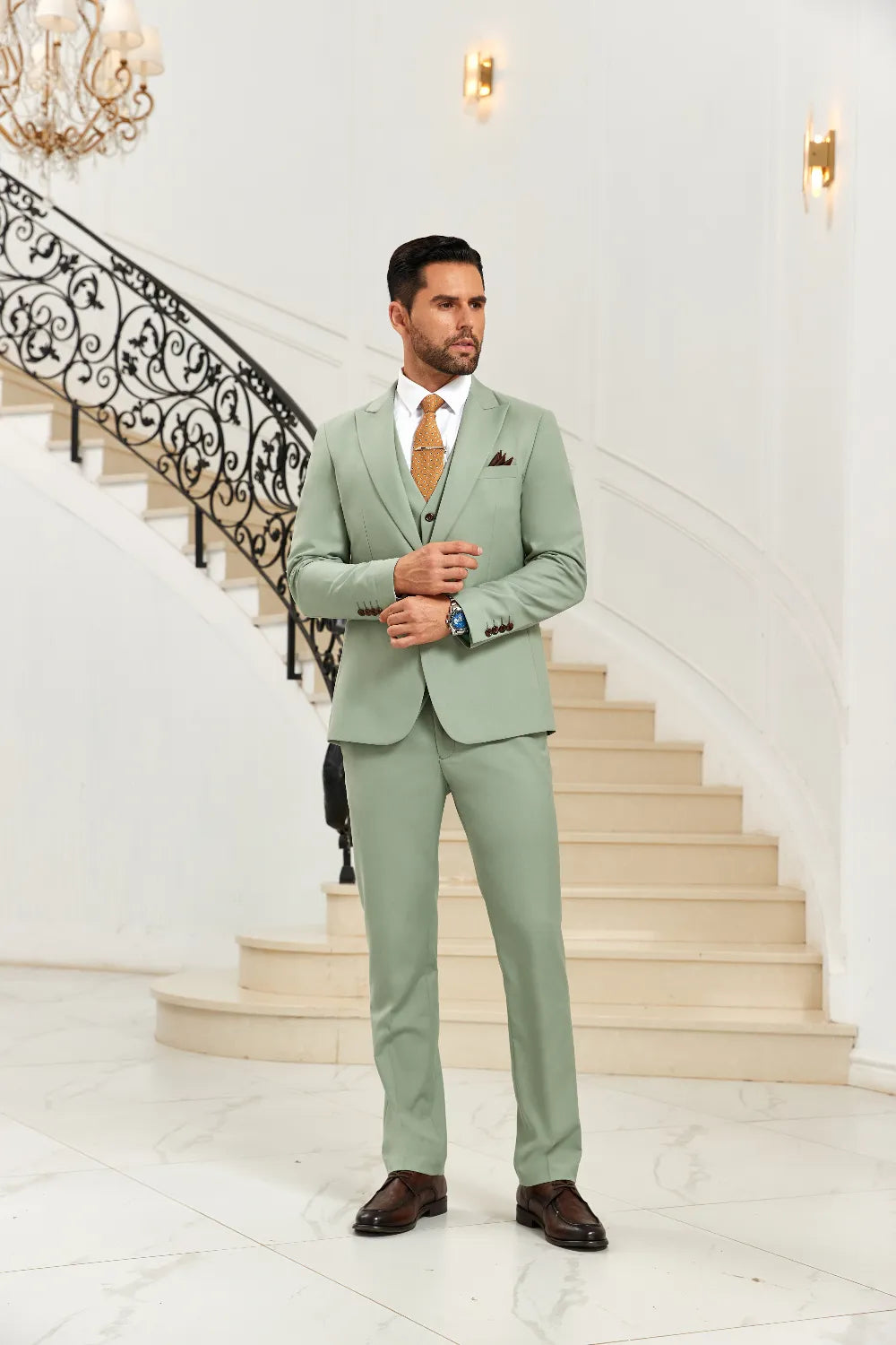 Men's Light Green Peak Lapel 3 Pieces Suits