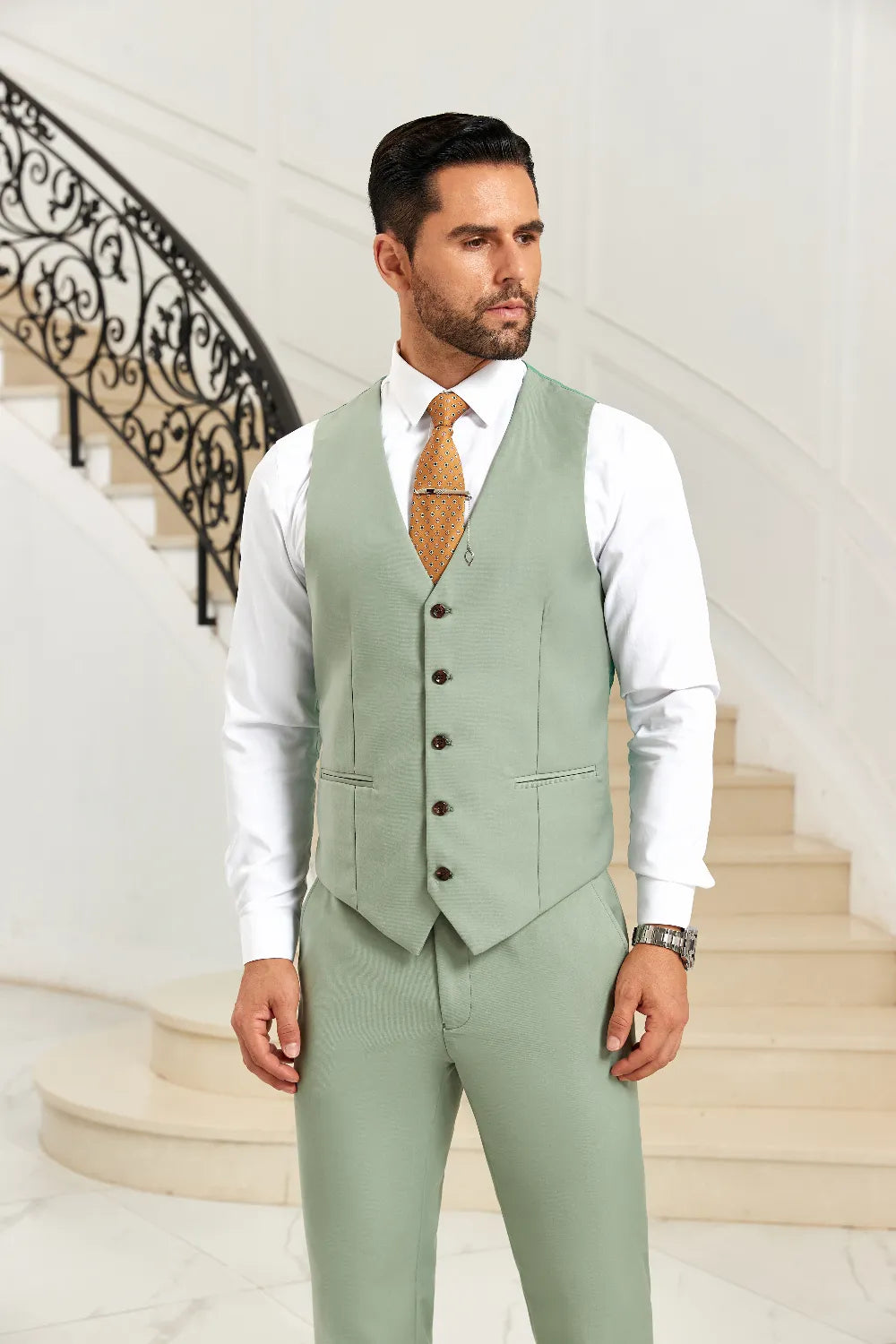 Men's Light Green Vest & Pants 2 Pieces Suits