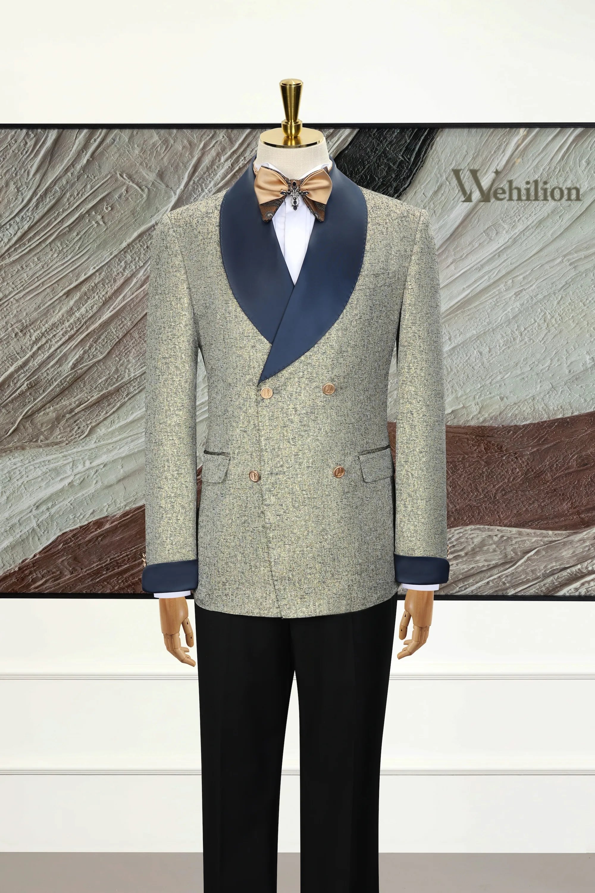 Men's Light Grey Double-Breasted 3 Piece Suits