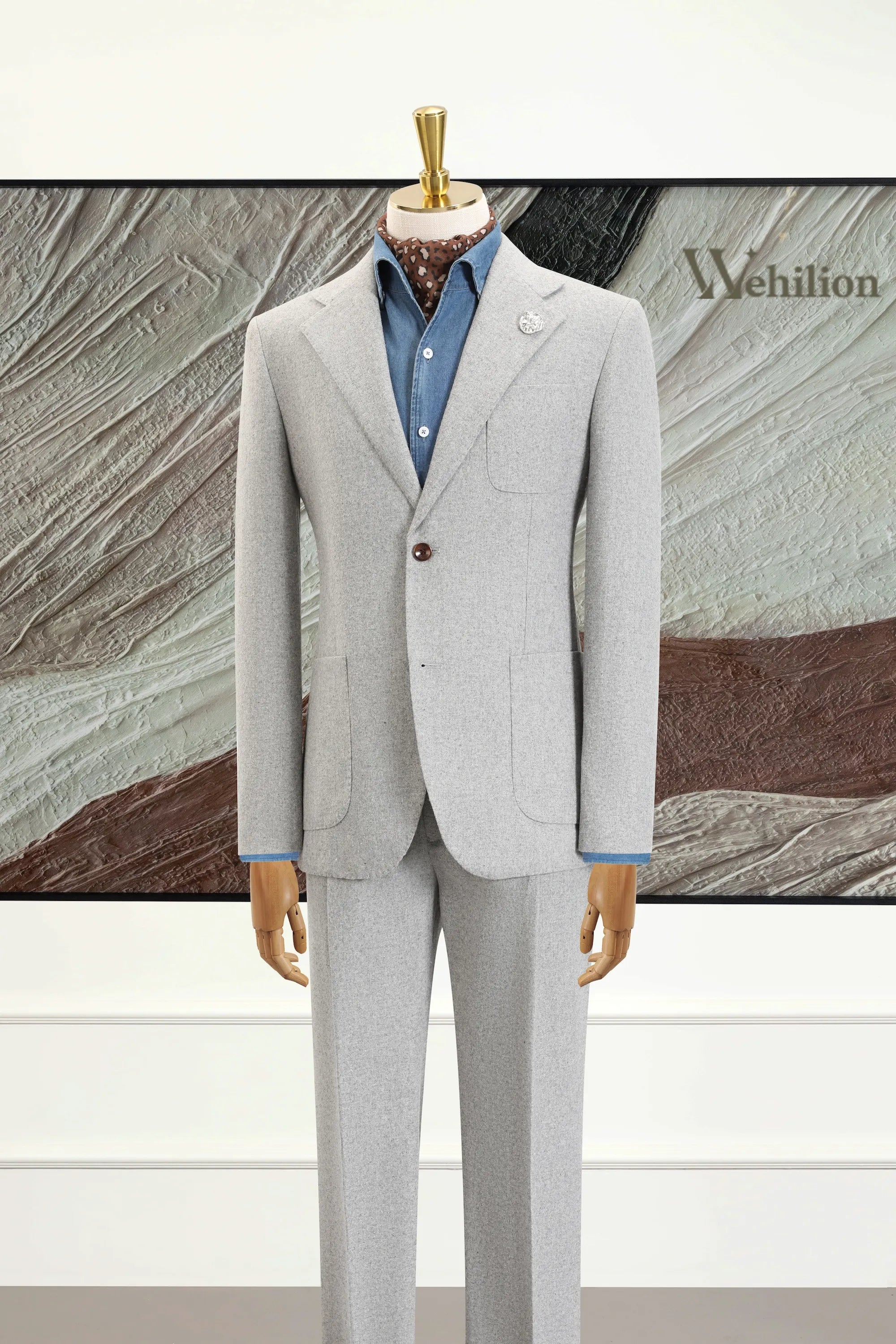 Men's Light Grey Herringbone 2 Piece Suits