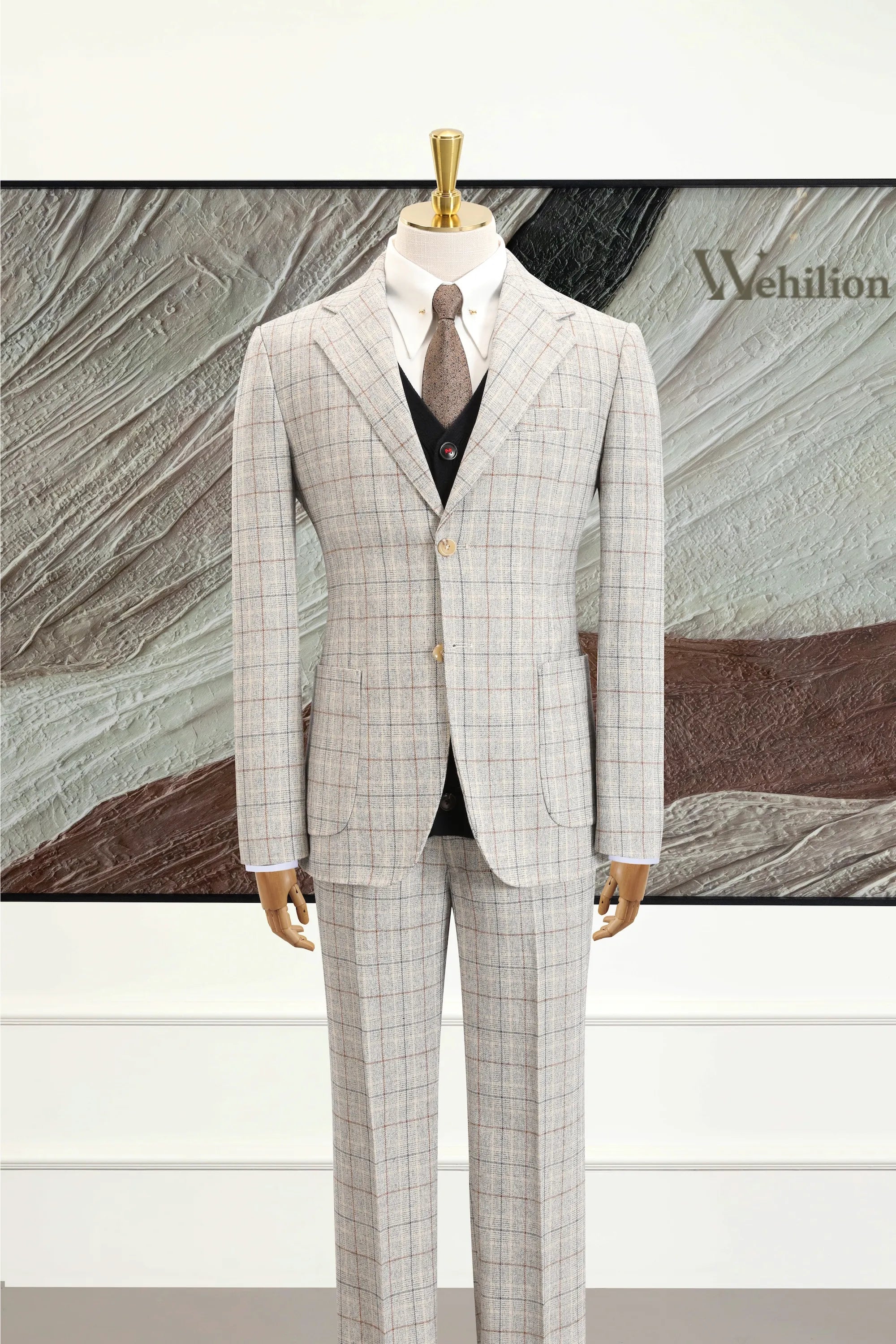 Men's Light Grey Plaid 2 Piece Suits