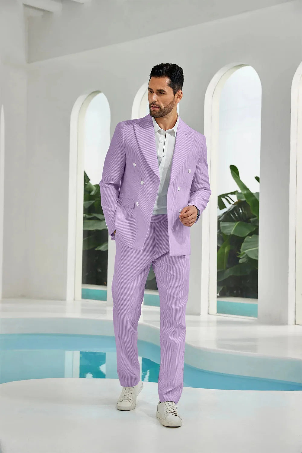 Light purple seersucker double breasted blazer pants 2 piece men's summer suit upgrade version on model