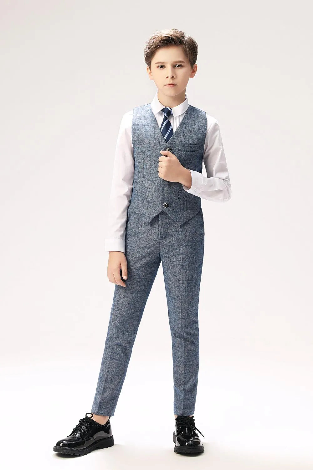 Gray boys' vest & pants with tie - formal prom outfit, checked textured fabric