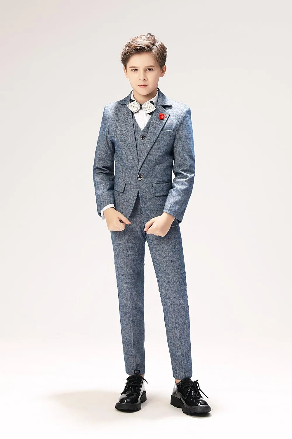 Gray boys' 5-piece suit with blazer - formal prom outfit, bow tie & red lapel pin