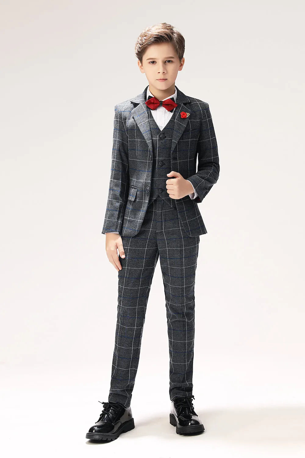 Dark grey plaid 5-piece boys suit with bow tie and rose pin for formal events