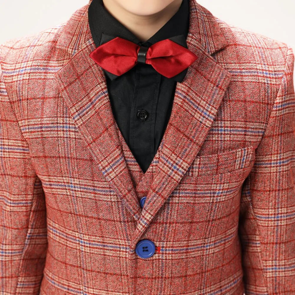 Boys red plaid suit detail: Elegant 5-piece formal set with bow tie & checked pattern