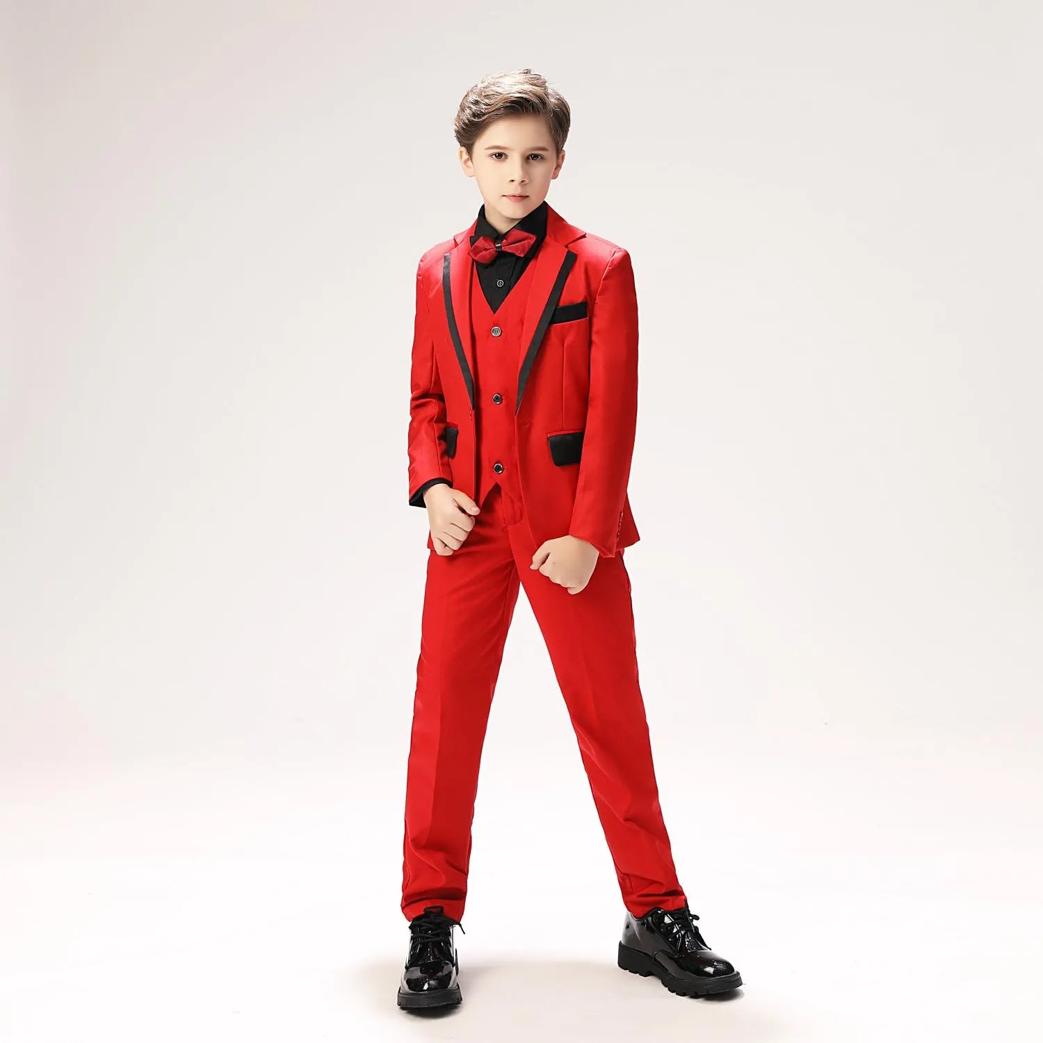 Red boys' prom suit with bow tie - black trim 5-piece holiday party outfit