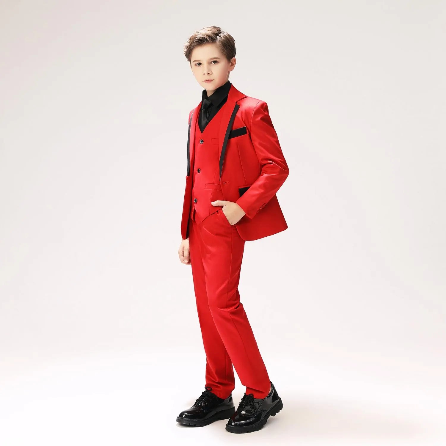 Red boys' prom suit with black accent pockets - 5-piece holiday tuxedo set