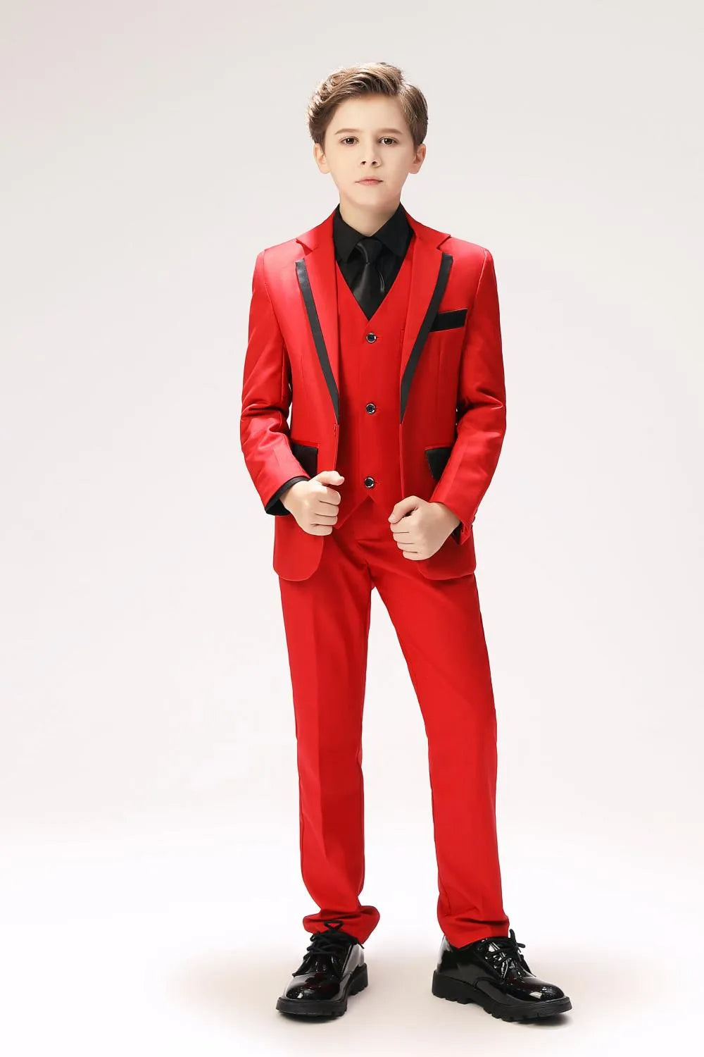 Red boys' prom suit with black trim - 5-piece holiday party formal outfit