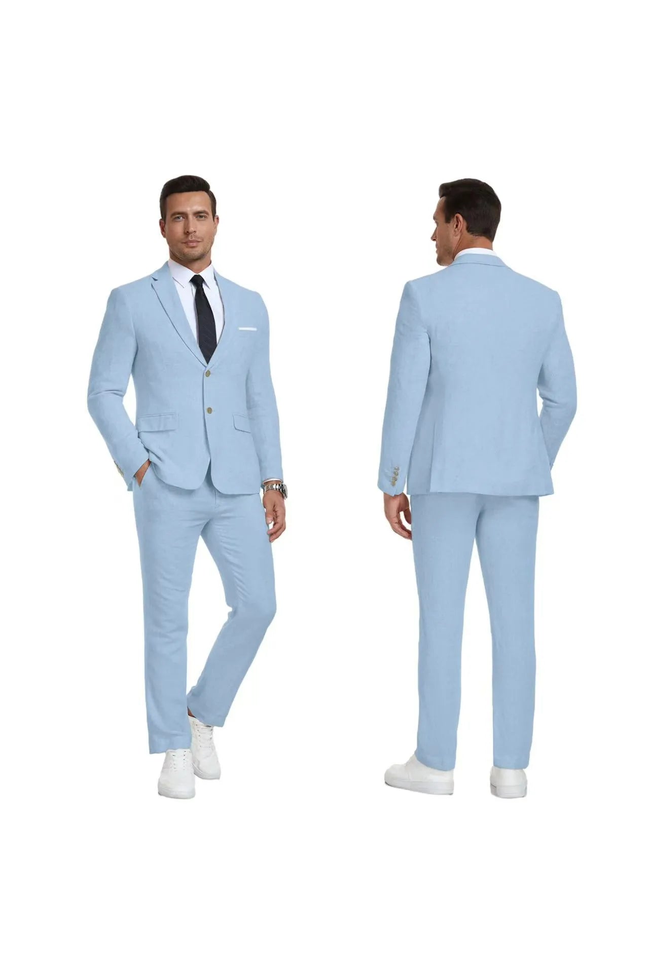 Front and back view of light blue linen two-piece suit for summer weddings