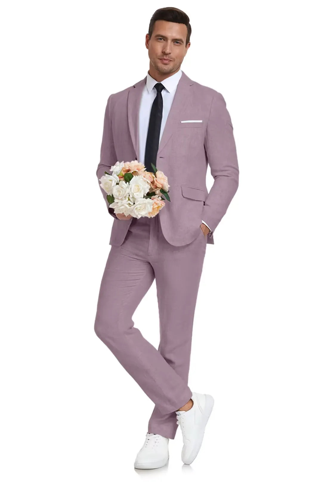 Purple linen men’s suit for summer weddings – modern and bold beach ceremony look