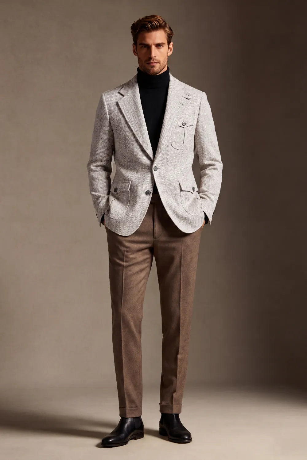 Men's Beige Herringbone Single Breasted 2 Piece Suit