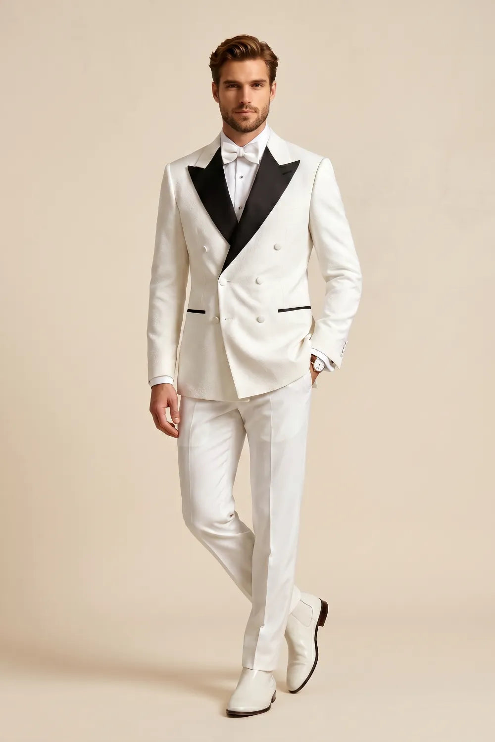 Men's Black And White Double Breasted Peak Lapel Tuxedo
