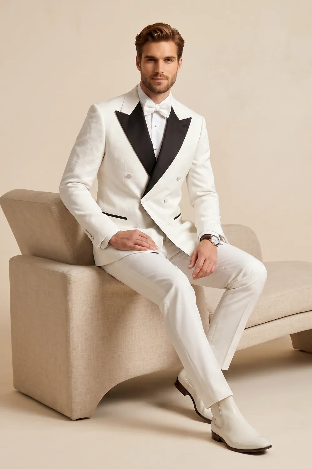 Men's Black And White Double Breasted Peak Lapel Tuxedo
