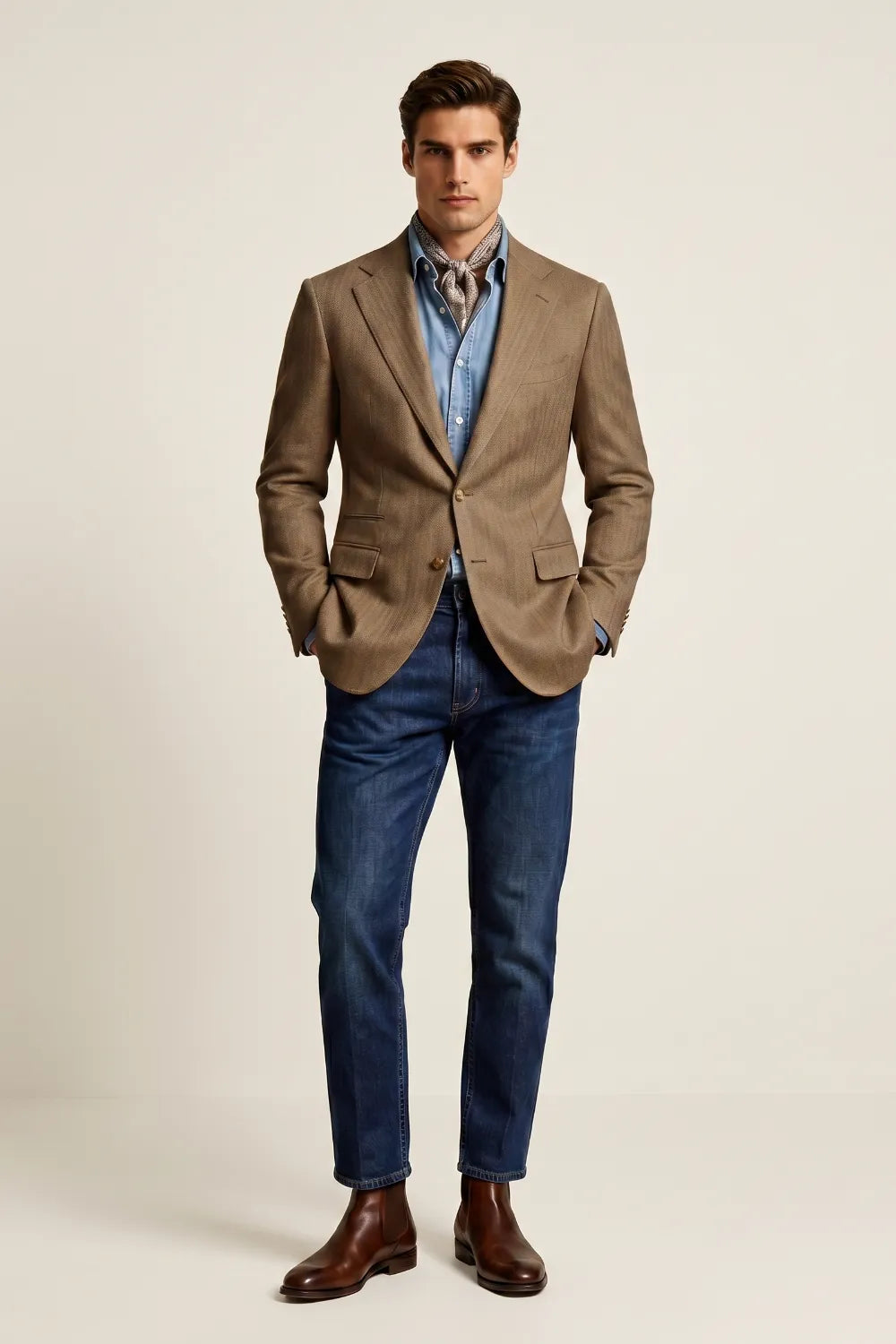 Men's Brown Herringbone Wool Blend Two Button Blazer