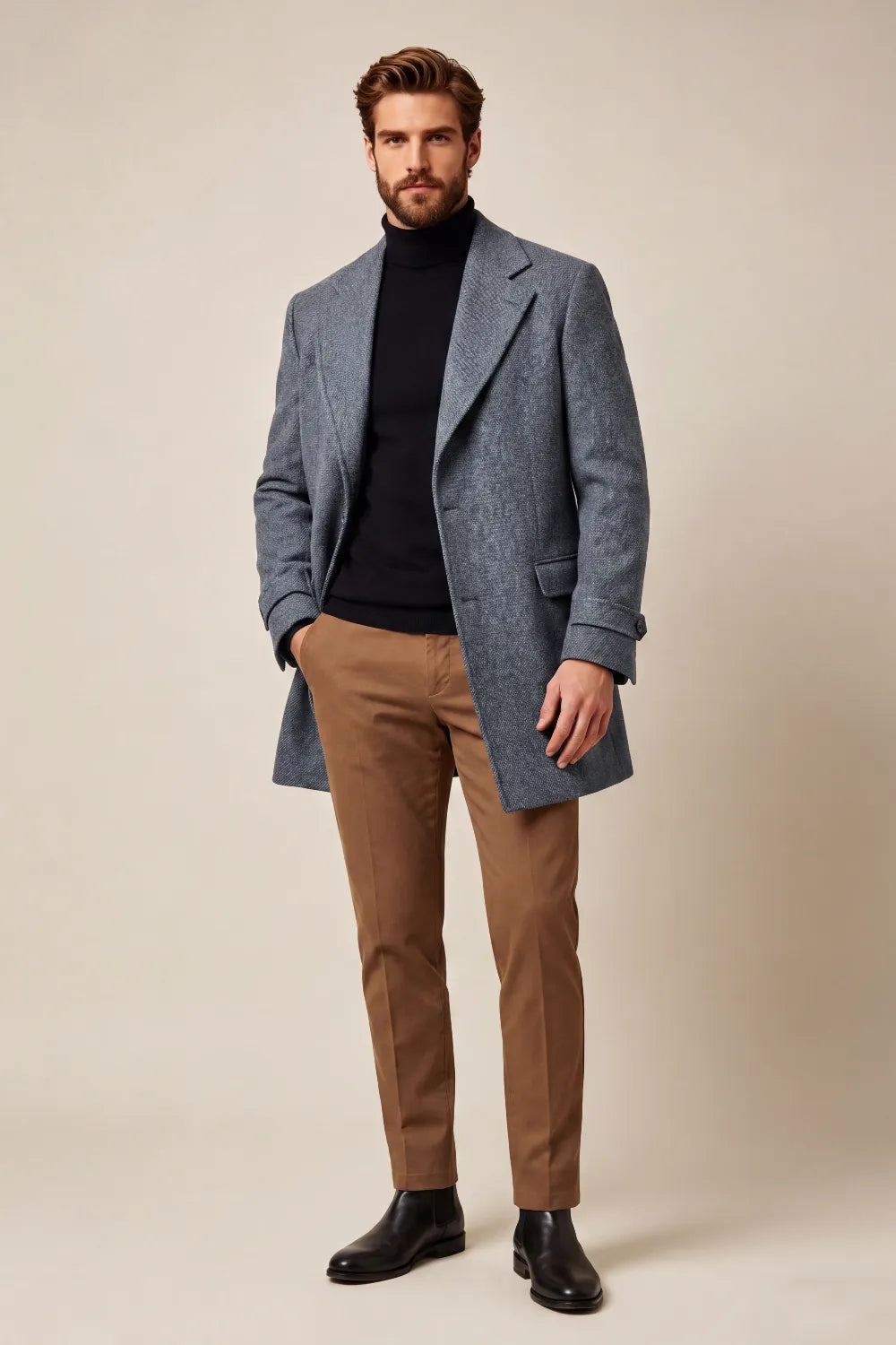 Men's Charcoal Grey Wool Blend Single Breasted Overcoat