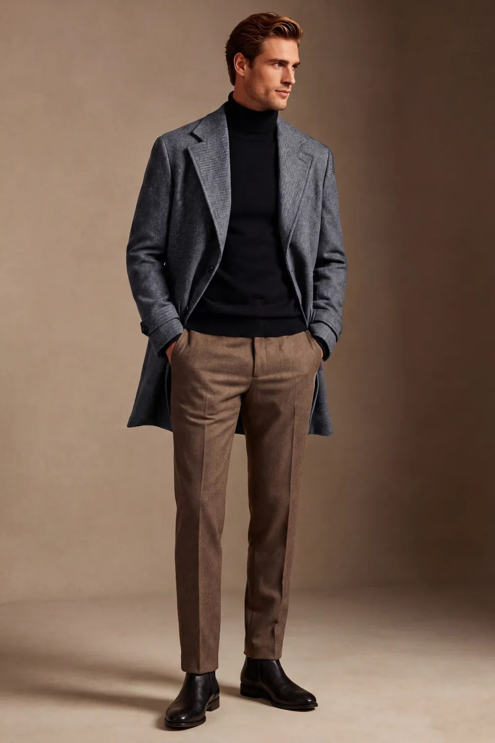Men's Charcoal Grey Wool Blend Single Breasted Overcoat