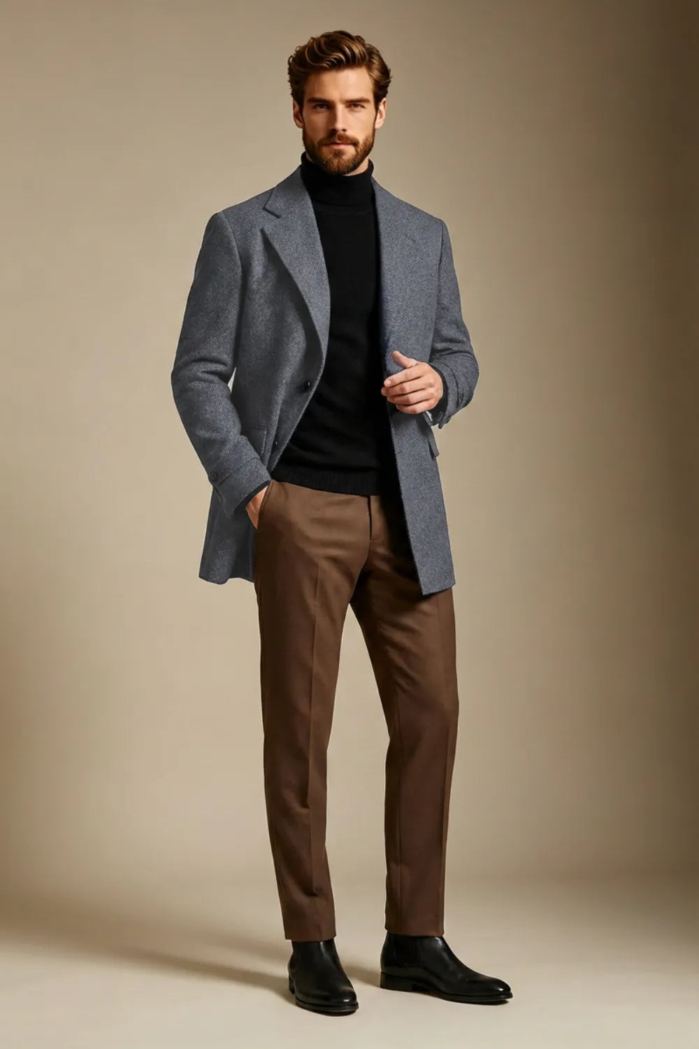 Men's Charcoal Grey Wool Blend Single Breasted Overcoat