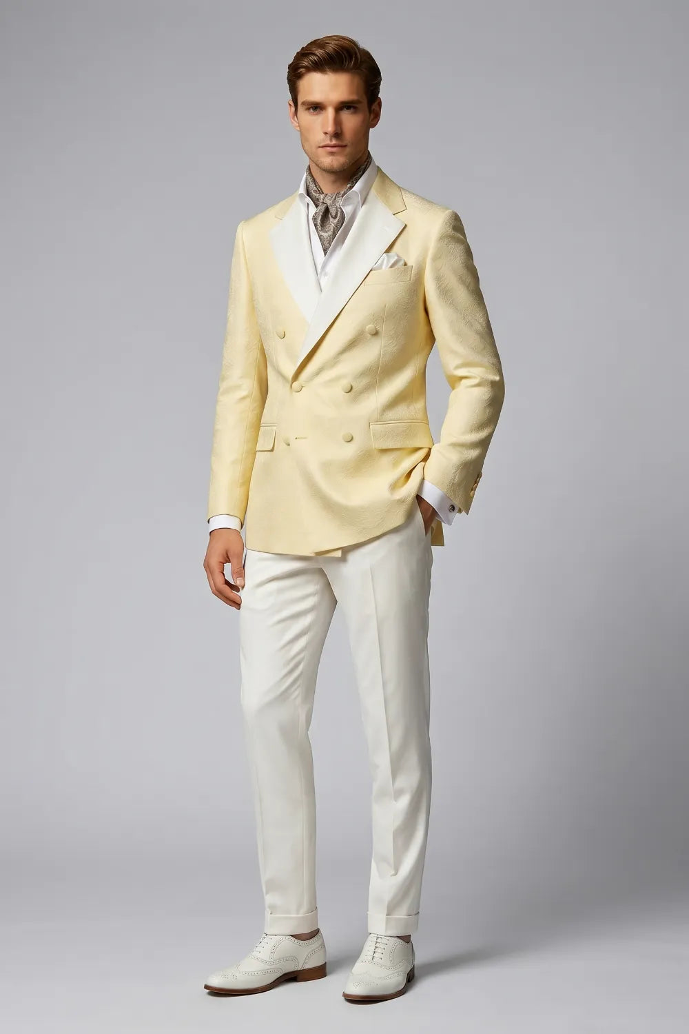 Men's Cream Double Breasted Jacquard 2-Piece Suit
