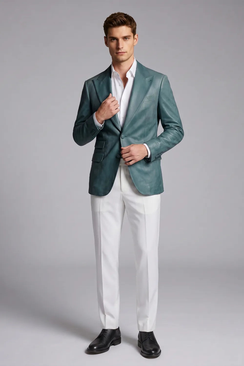 Men's Teal Leather Peak Lapel 2-Piece Suit