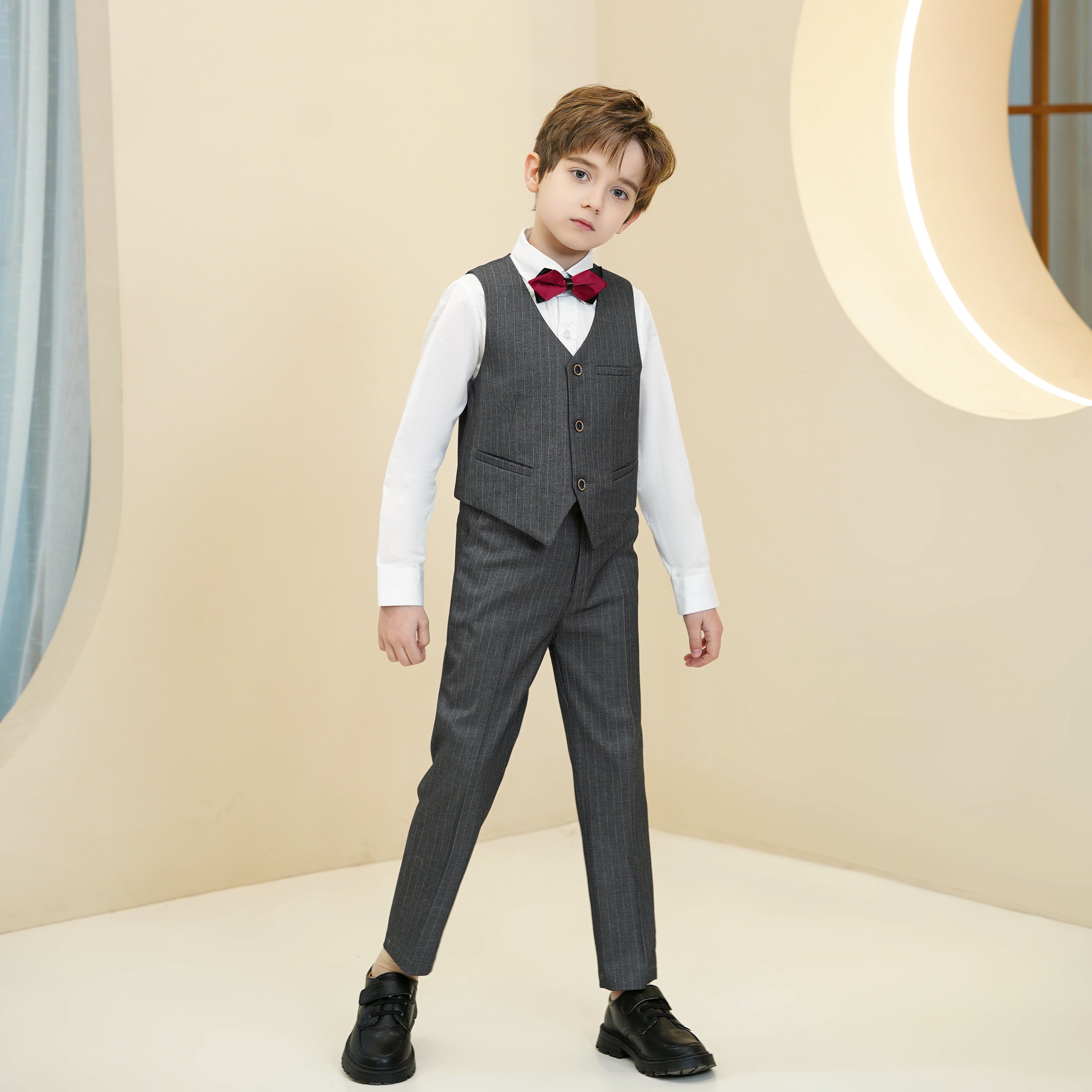 Dark grey pinstripe boys' formal 4-piece set: Vest, pants, white shirt with red bowtie for weddings & events