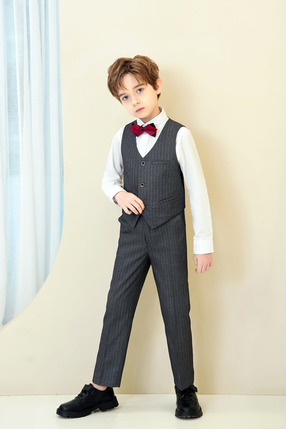 Dark grey pinstripe boys' formal 4-piece suit: Vest, pants, white shirt & red bowtie for page boys, weddings
