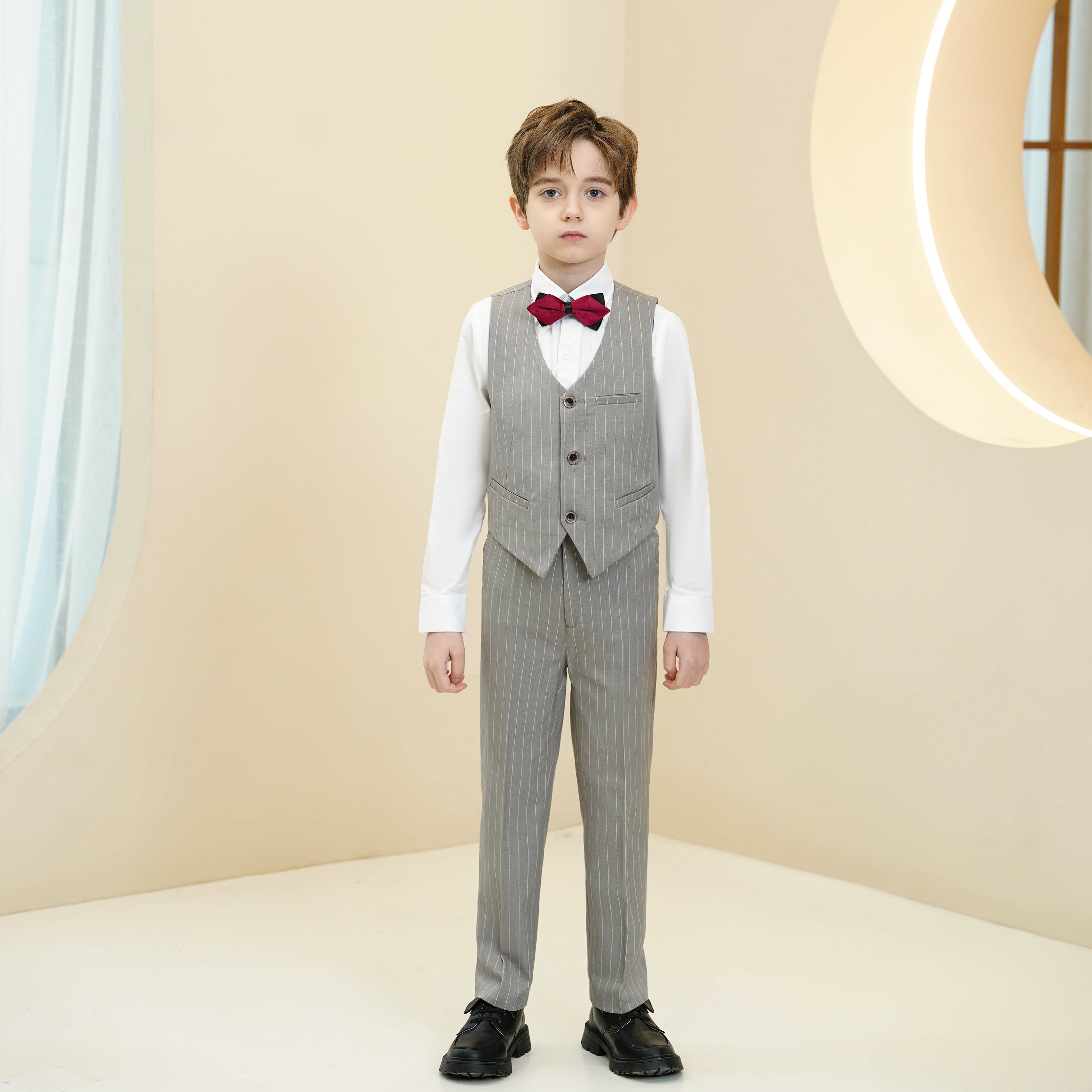 Light grey striped boys ring bearer vest and pants set – wedding outfit with red bow tie