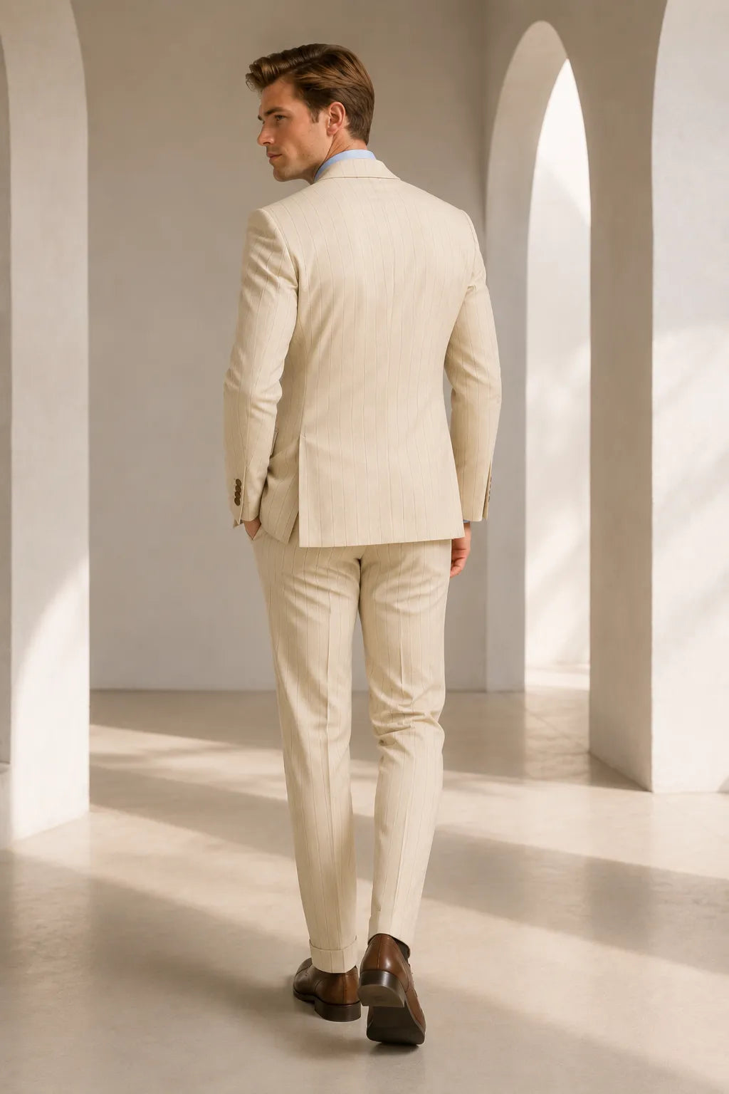 Men's Cream Pinstripe Double Breasted 2 Piece Suit