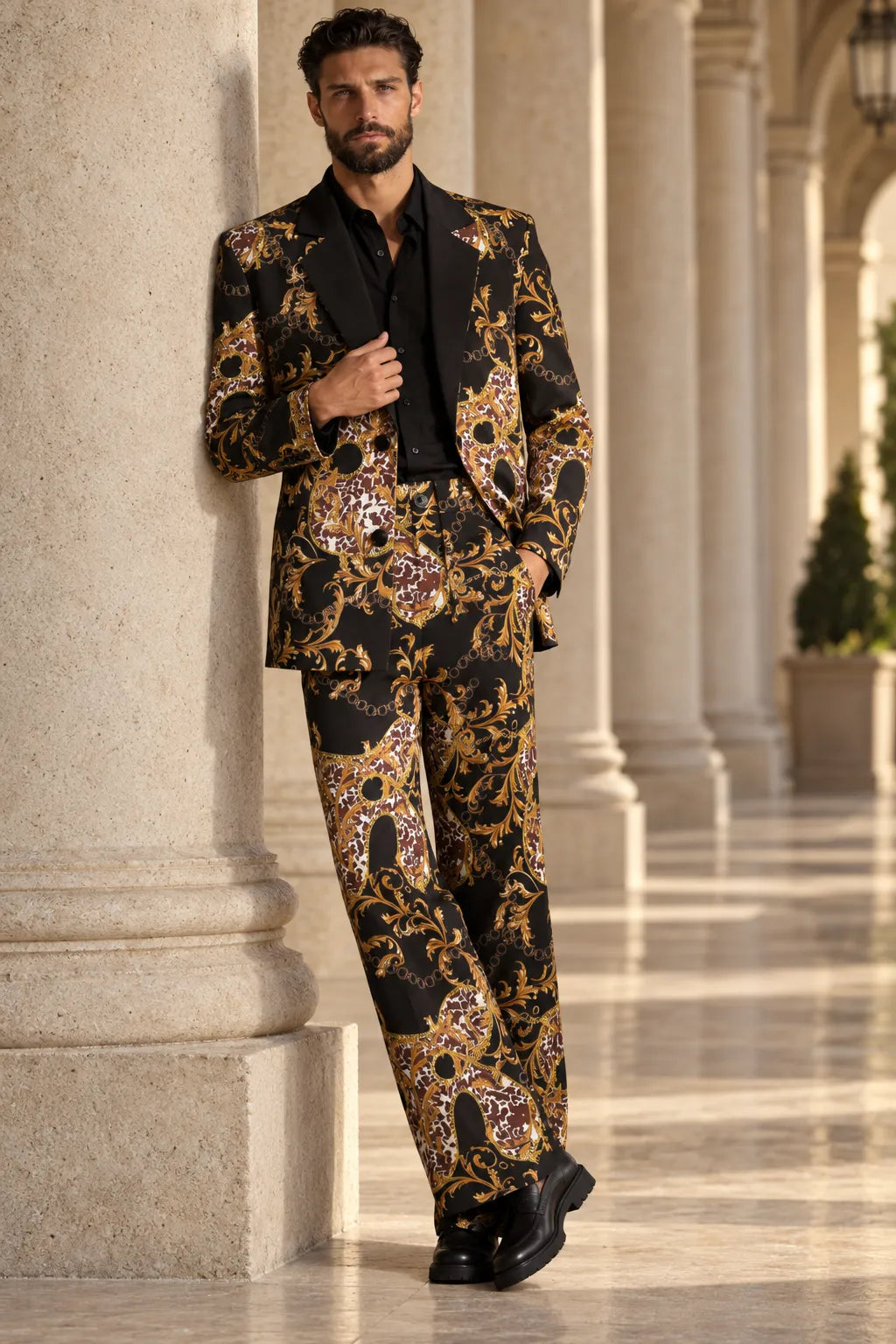 Men's Gold Jacquard Baroque 2 Piece Tuxedo Suit