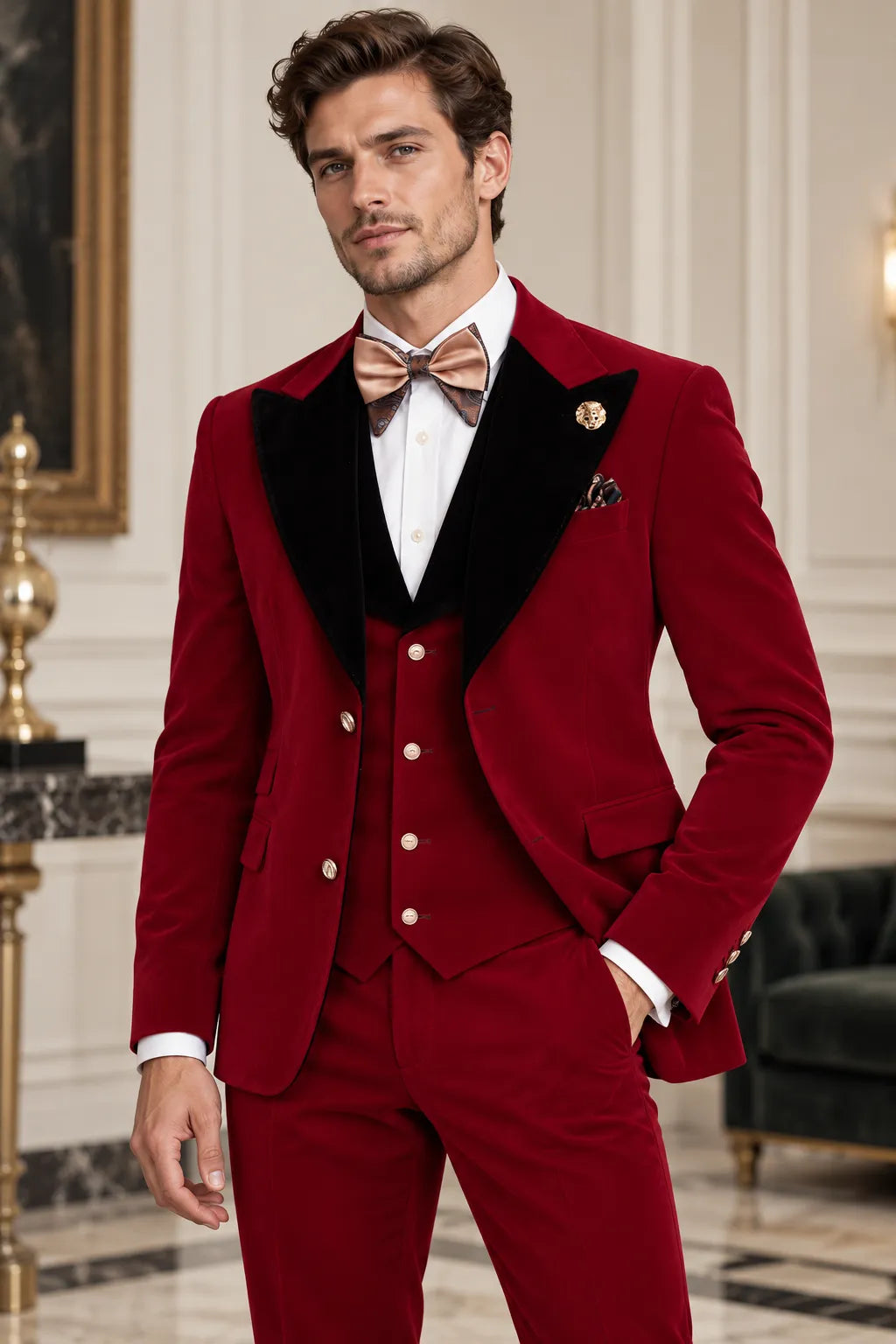 Men's Red Velvet Peak Lapel 3 Piece Suits